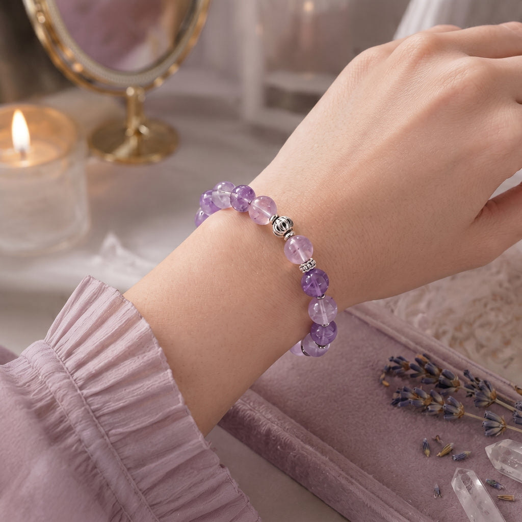 Natural Amethyst & Silver Accent Bead Bracelet