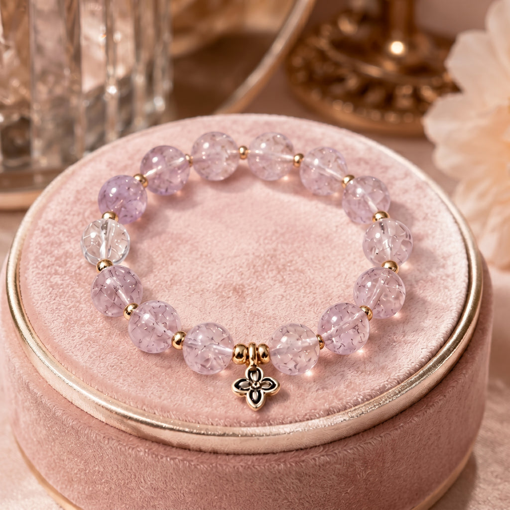 Lavender Quartz Beaded Bracelet with Floral Charm