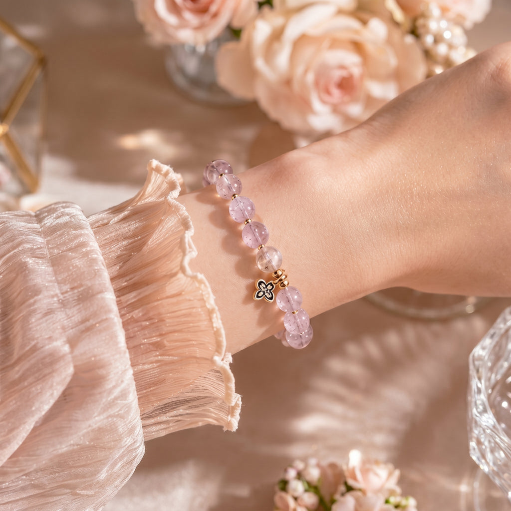 Lavender Quartz Beaded Bracelet with Floral Charm