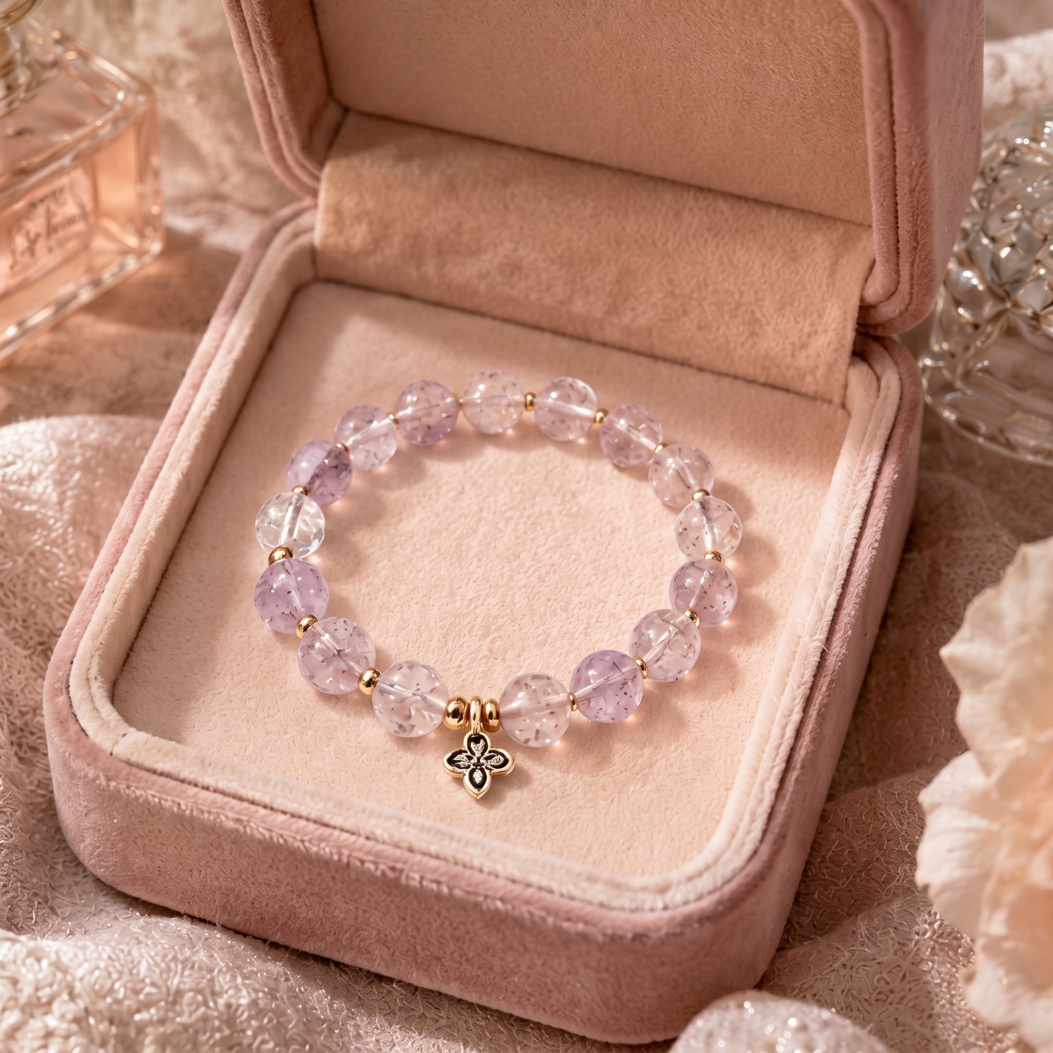 Lavender Quartz Beaded Bracelet with Floral Charm