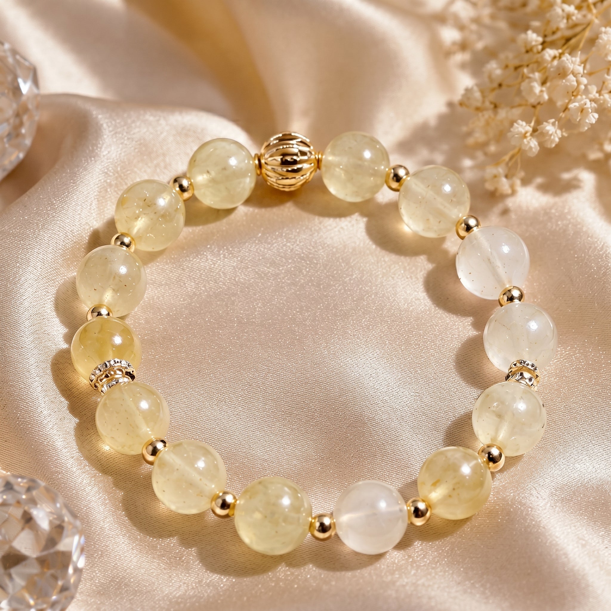 Pale Yellow Quartz Beaded Bracelet with Gold-Toned Accents