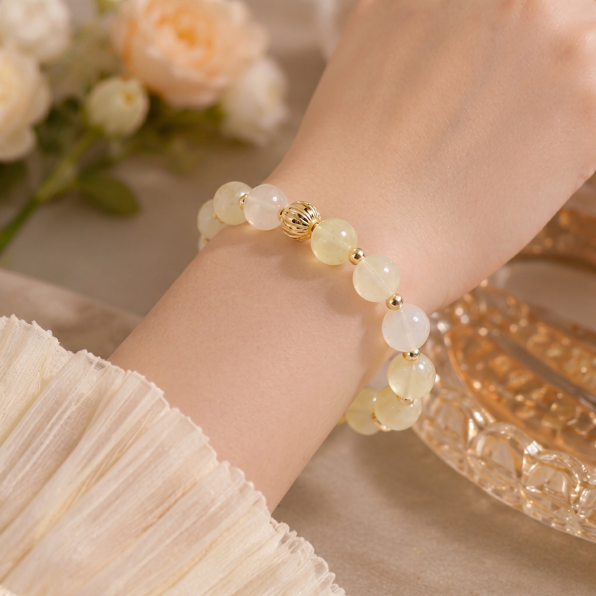 Pale Yellow Quartz Beaded Bracelet with Gold-Toned Accents