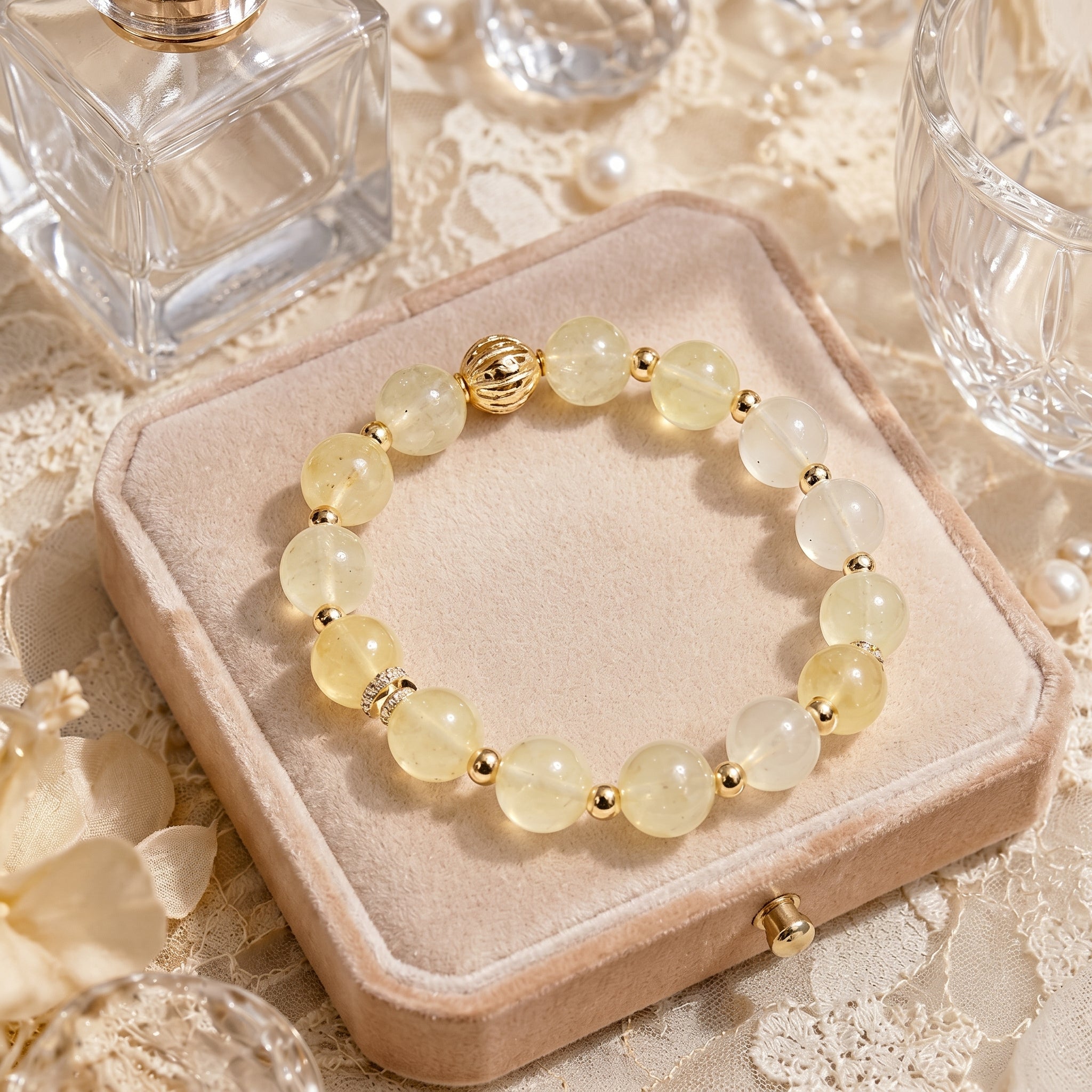 Pale Yellow Quartz Beaded Bracelet with Gold-Toned Accents