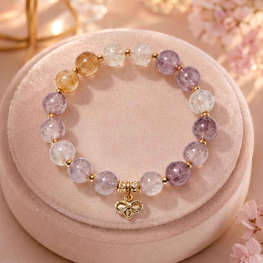 Multi-Color Quartz Beaded Bracelet with Gold-Toned Charm