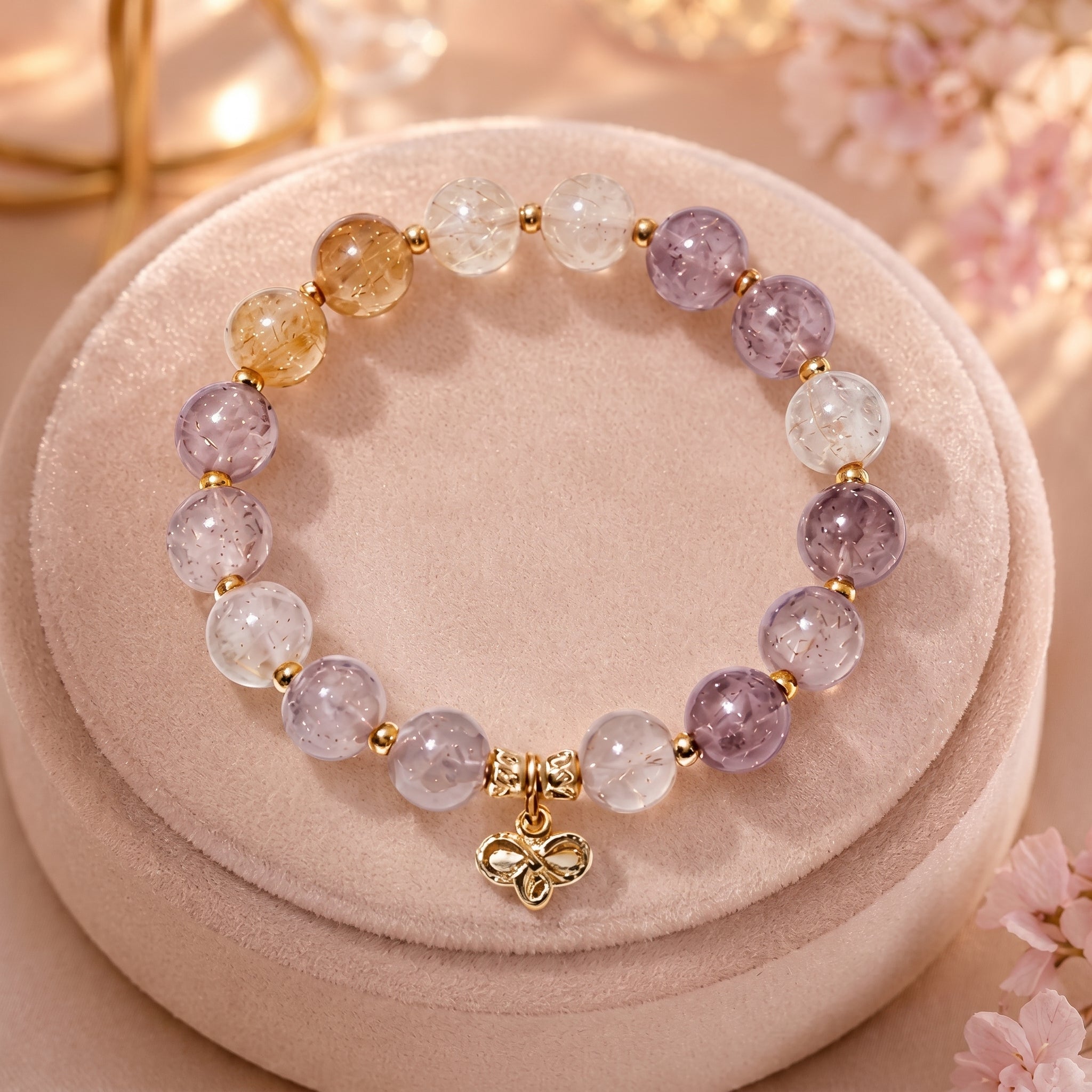Multi-Color Quartz Beaded Bracelet with Gold-Toned Charm
