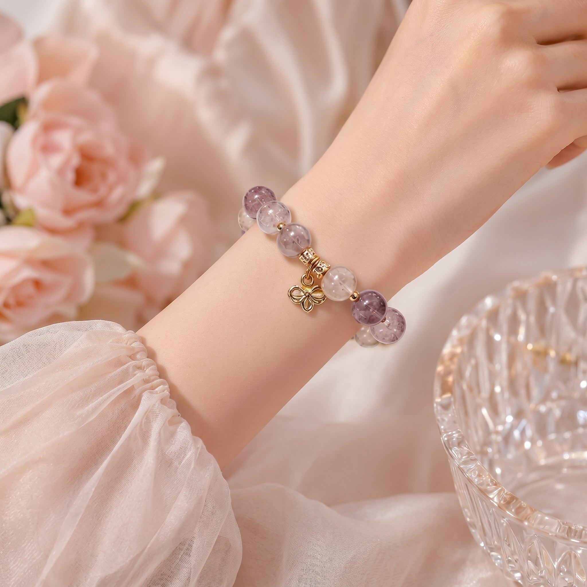 Multi-Color Quartz Beaded Bracelet with Gold-Toned Charm