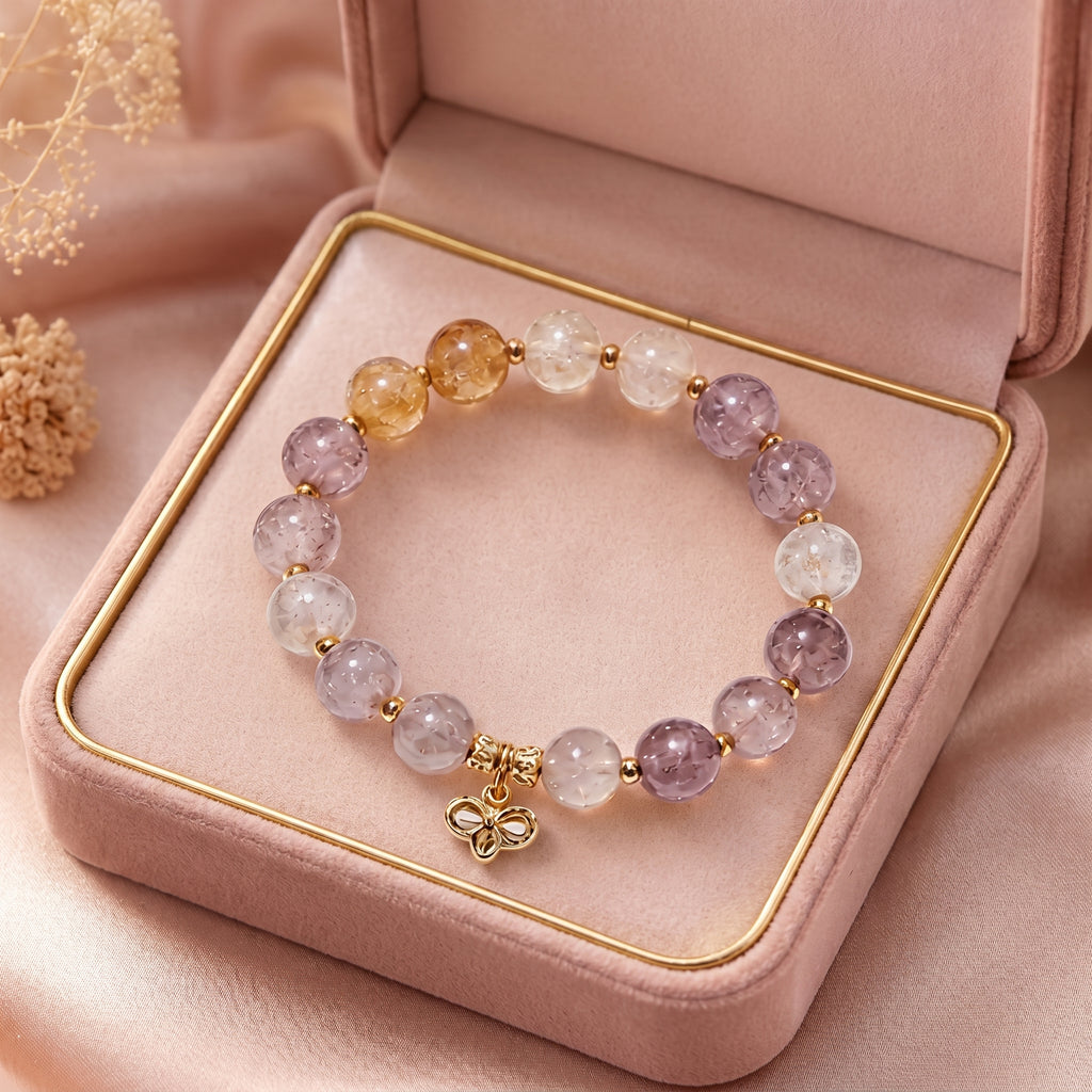 Multi-Color Quartz Beaded Bracelet with Gold-Toned Charm