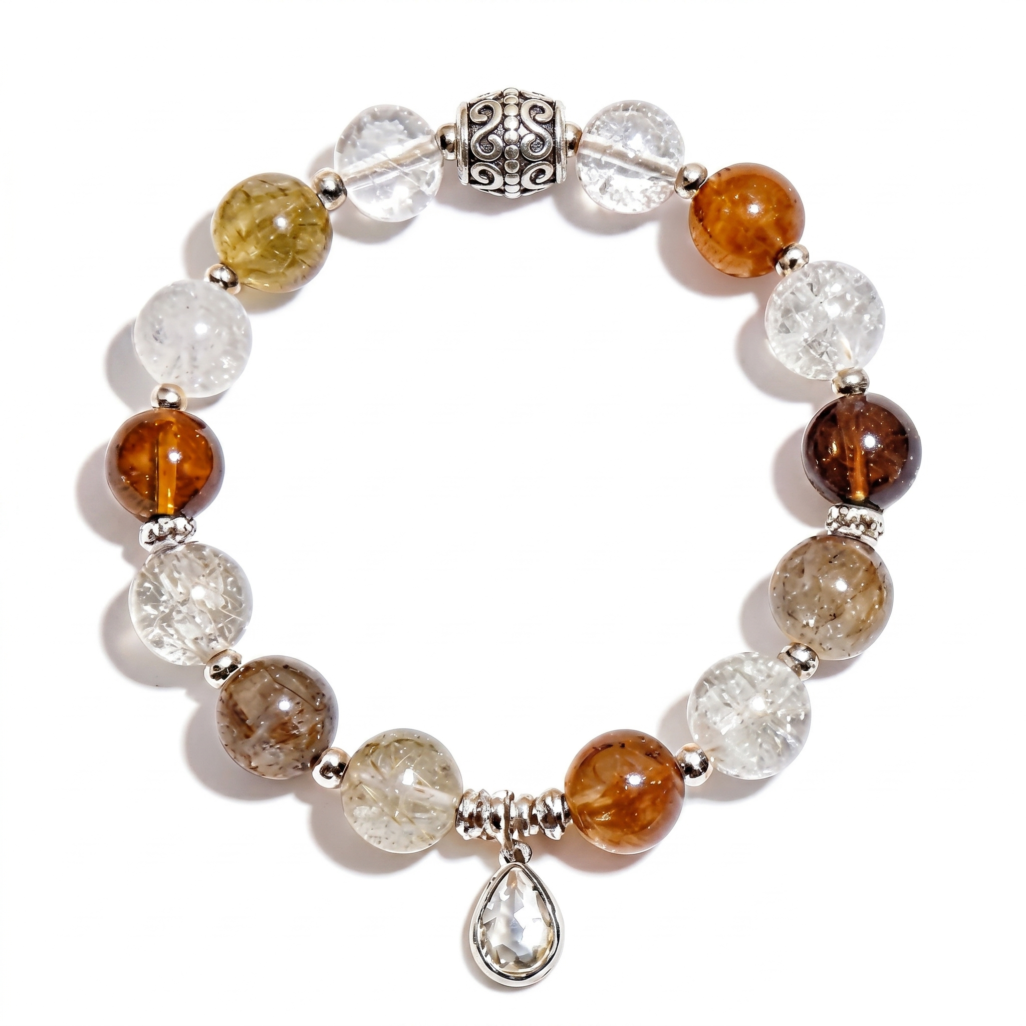 Earth Tone Mixed Gemstone Beaded Bracelet with Crystal Teardrop Charm