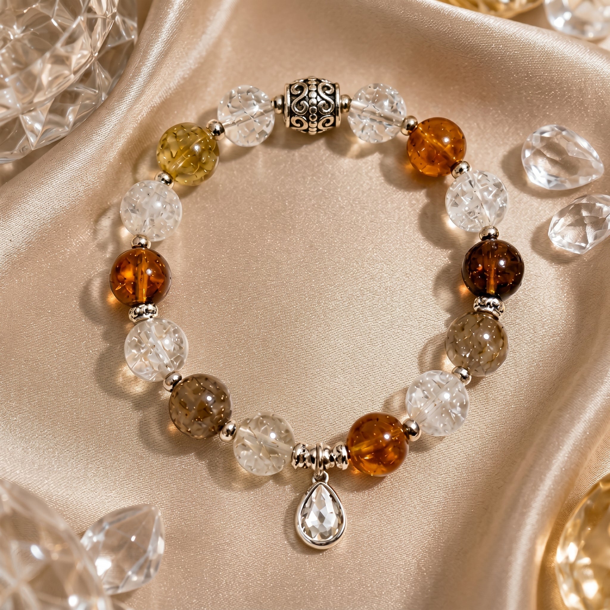Earth Tone Mixed Gemstone Beaded Bracelet with Crystal Teardrop Charm