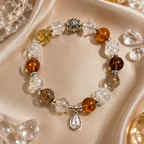 Earth Tone Mixed Gemstone Beaded Bracelet with Crystal Teardrop Charm