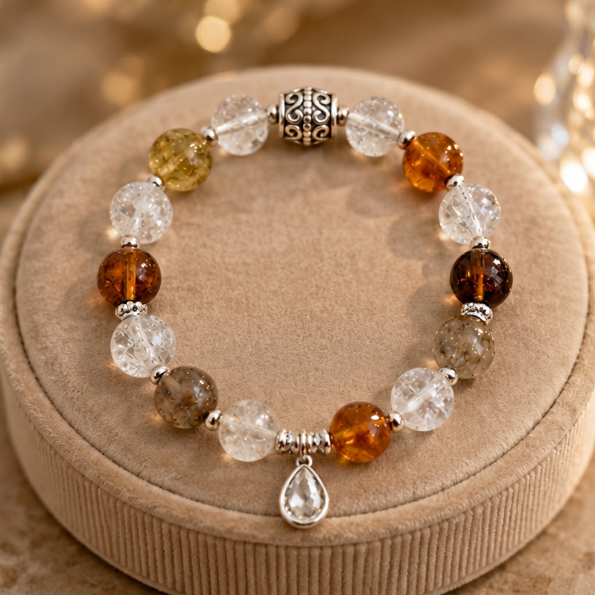 Earth Tone Mixed Gemstone Beaded Bracelet with Crystal Teardrop Charm