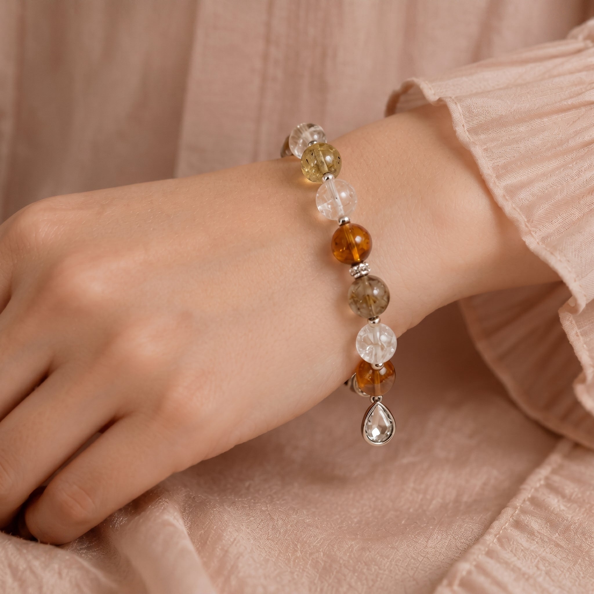 Earth Tone Mixed Gemstone Beaded Bracelet with Crystal Teardrop Charm