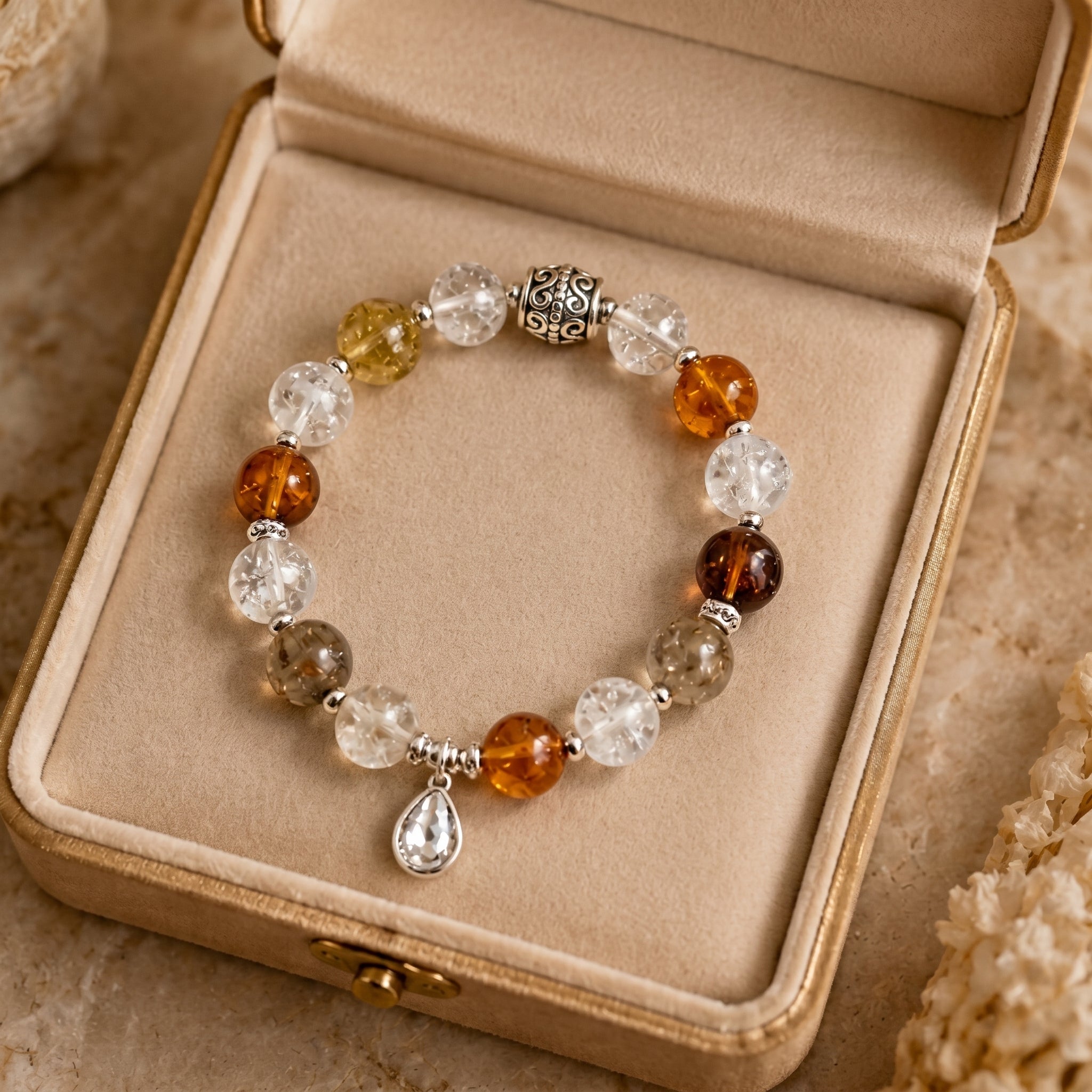 Earth Tone Mixed Gemstone Beaded Bracelet with Crystal Teardrop Charm