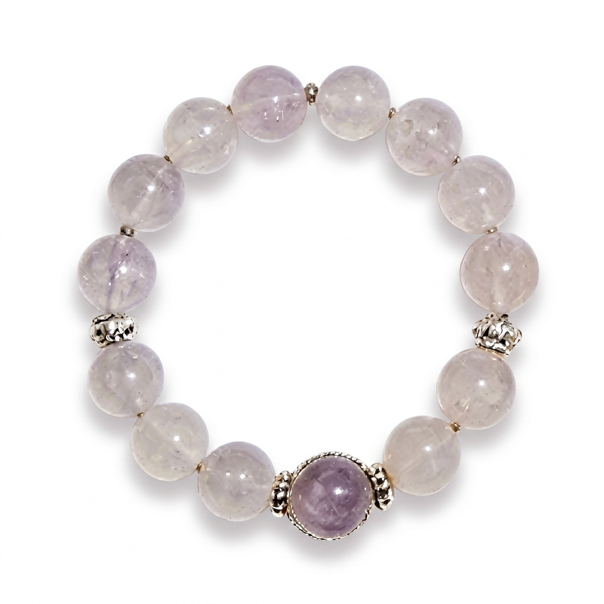 Lavender Quartz Beaded Bracelet with Silver-Toned Centerpiece