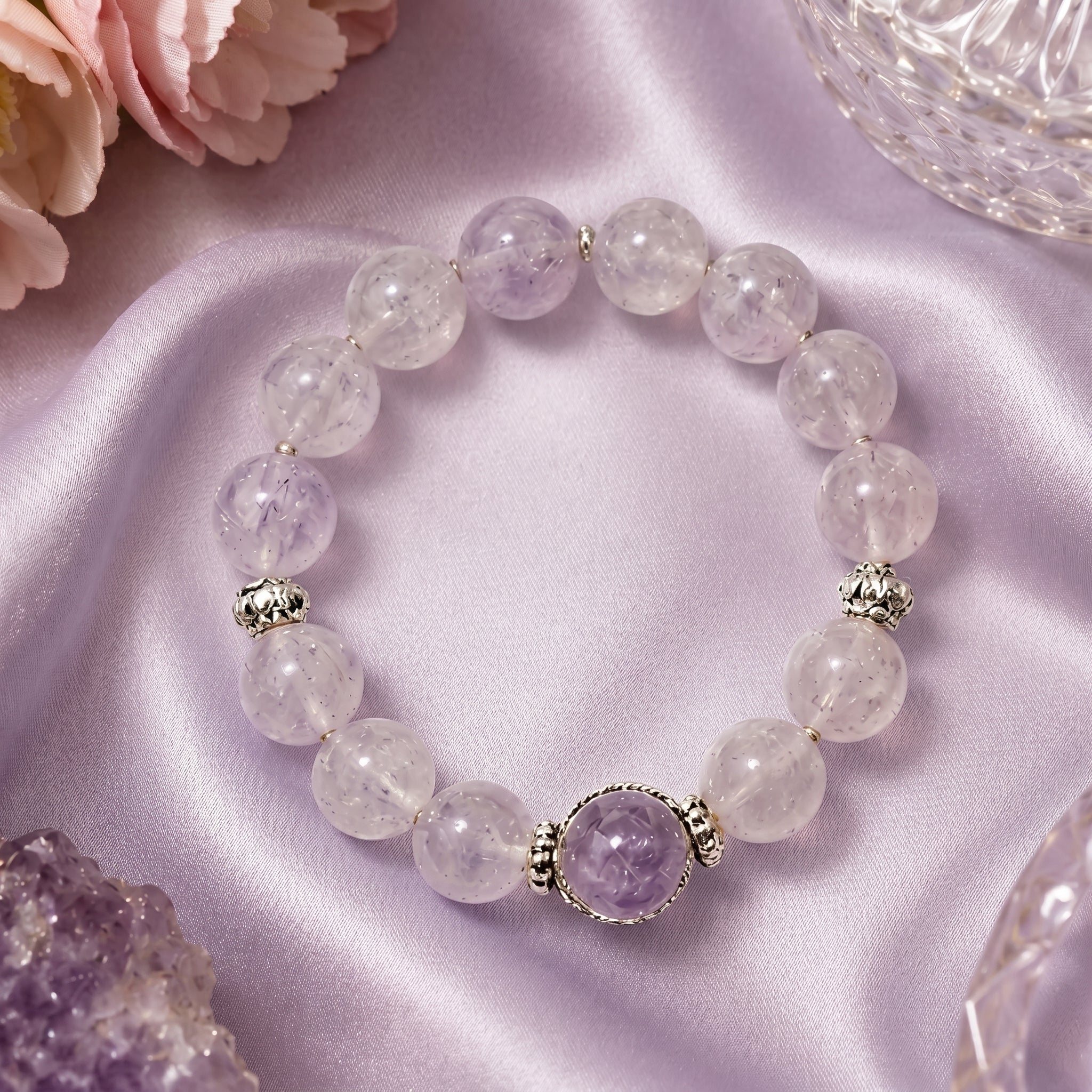 Lavender Quartz Beaded Bracelet with Silver-Toned Centerpiece