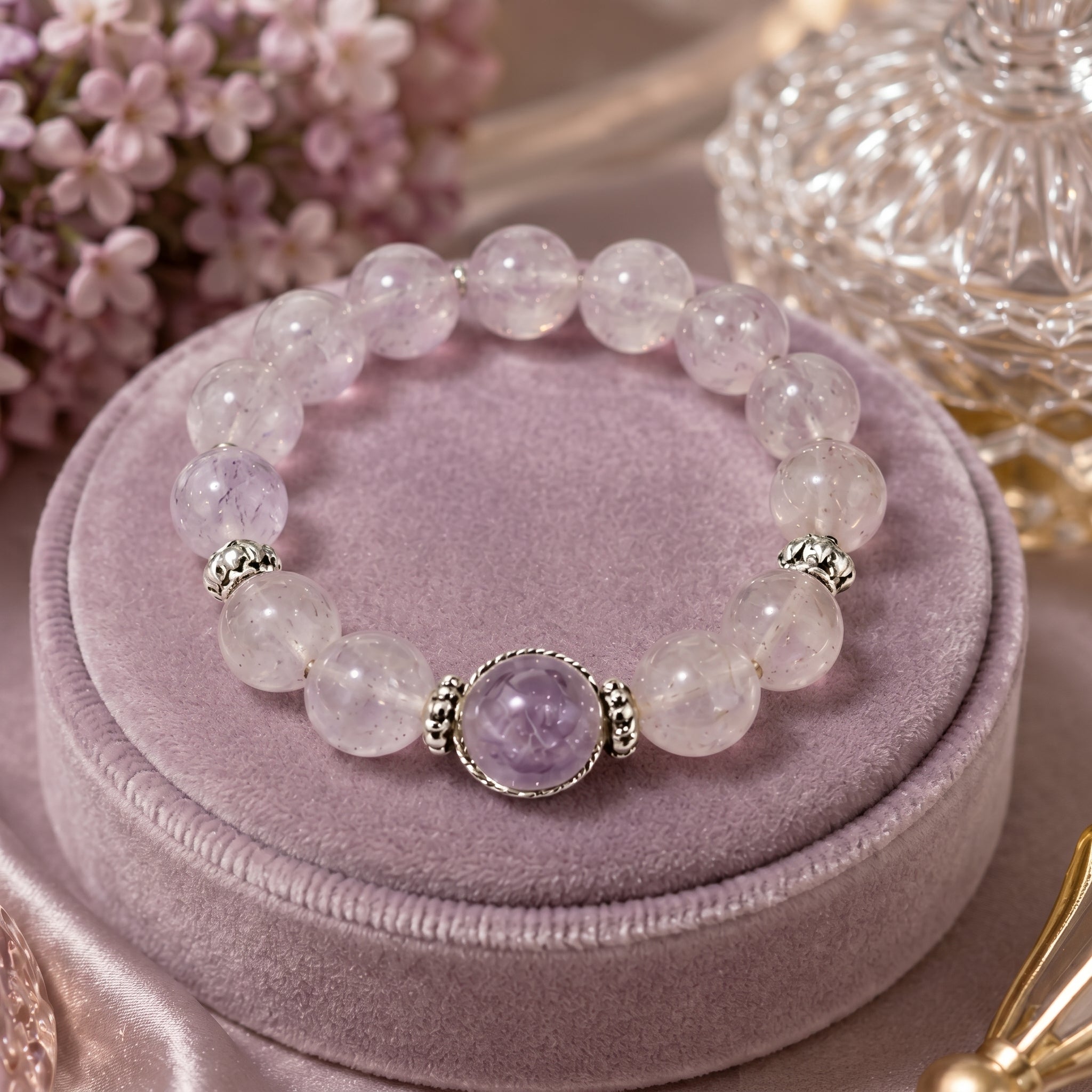 Lavender Quartz Beaded Bracelet with Silver-Toned Centerpiece
