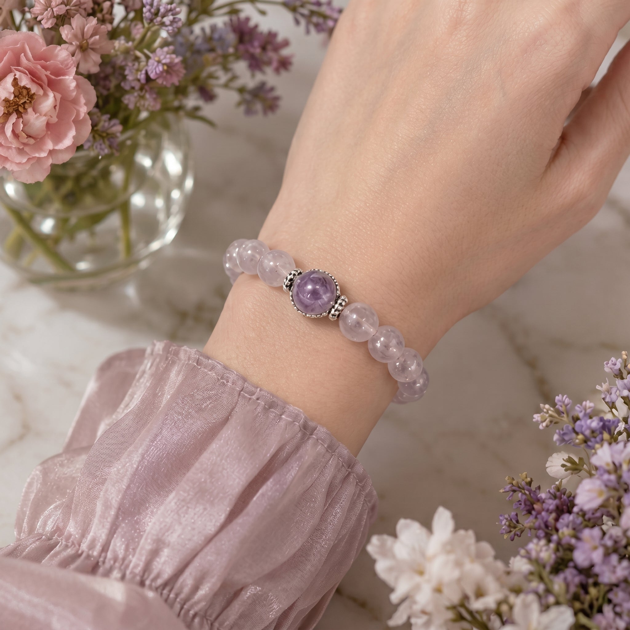 Lavender Quartz Beaded Bracelet with Silver-Toned Centerpiece