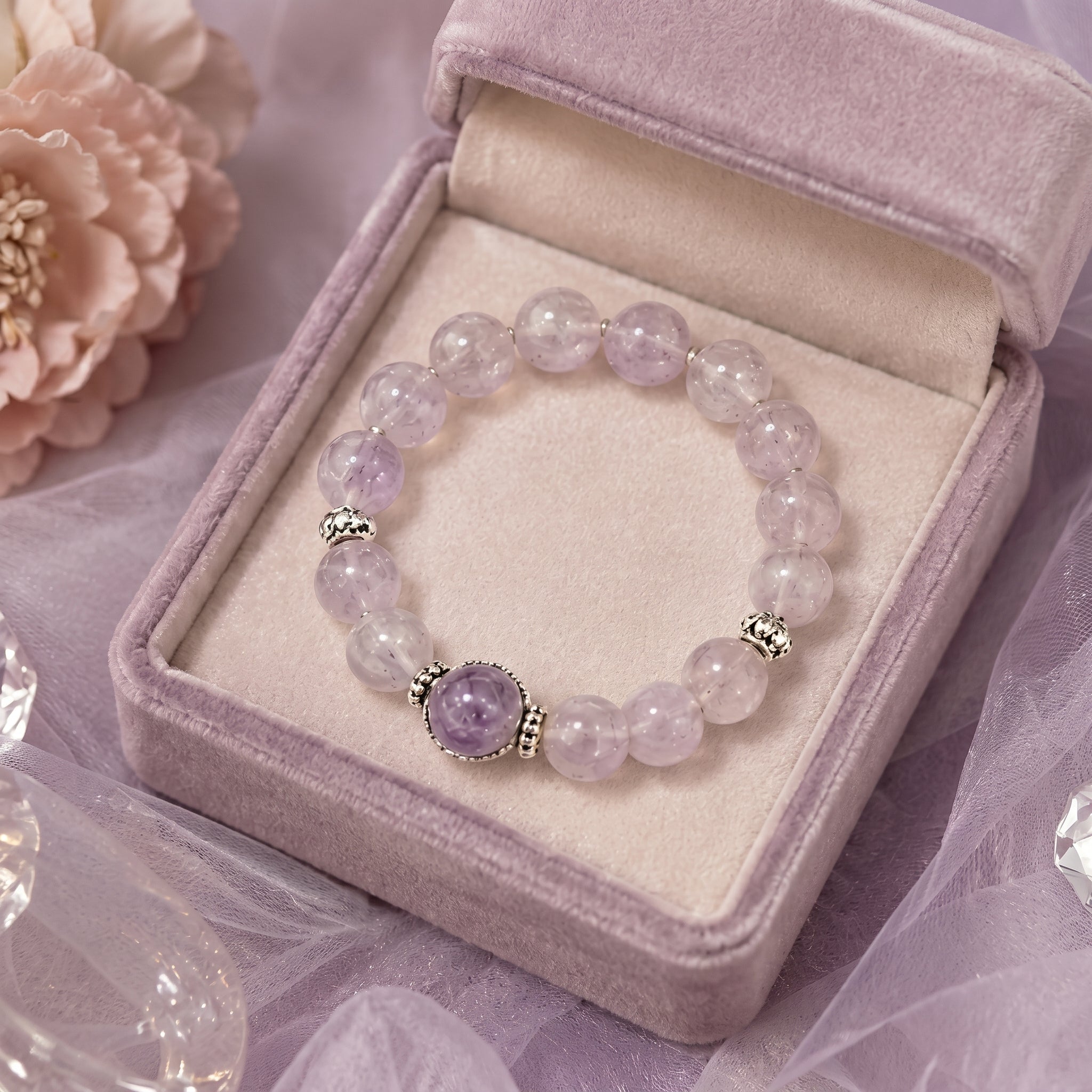 Lavender Quartz Beaded Bracelet with Silver-Toned Centerpiece