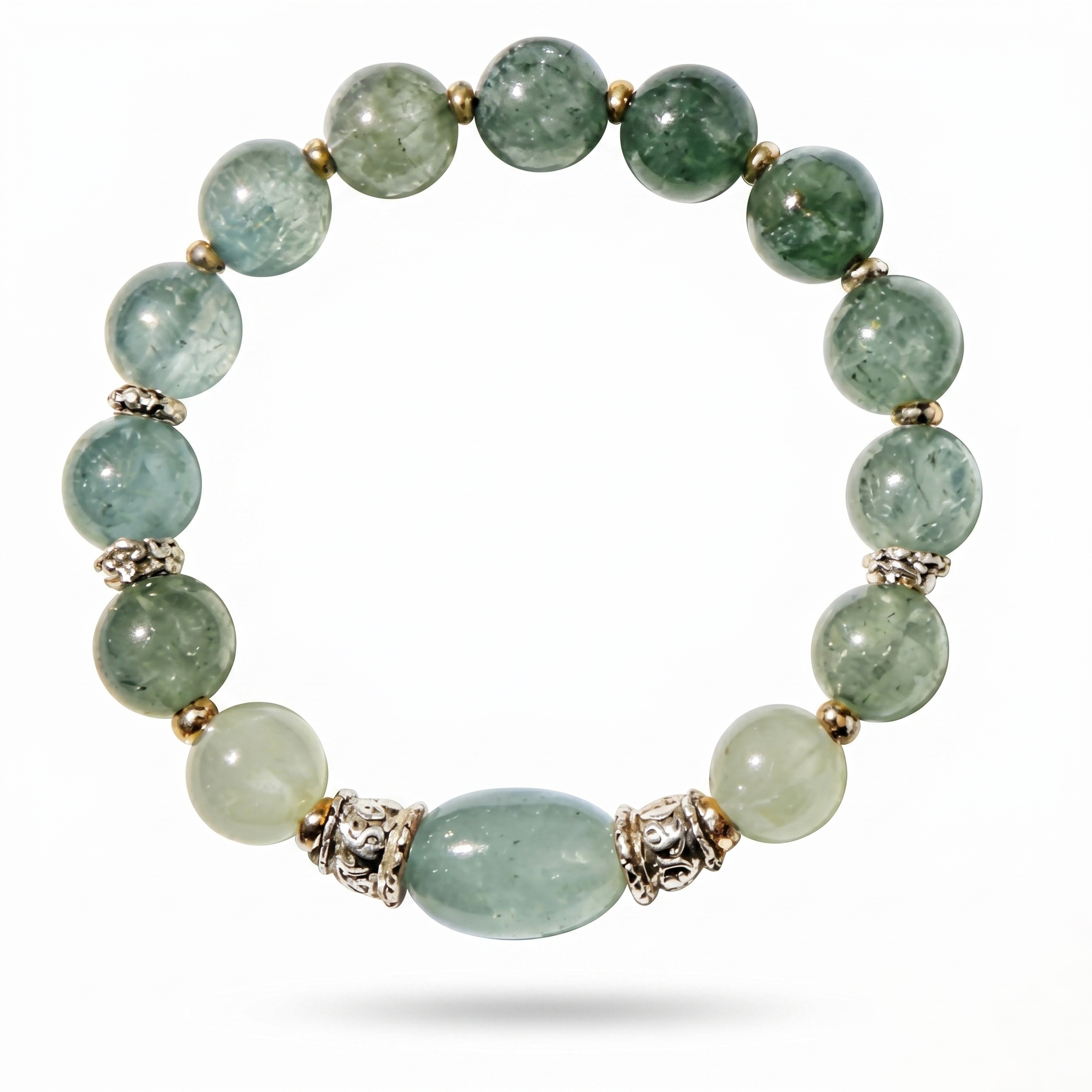 Green Rutilated Quartz Beaded Bracelet with Oval Centerpiece