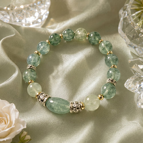 Green Rutilated Quartz Beaded Bracelet with Oval Centerpiece