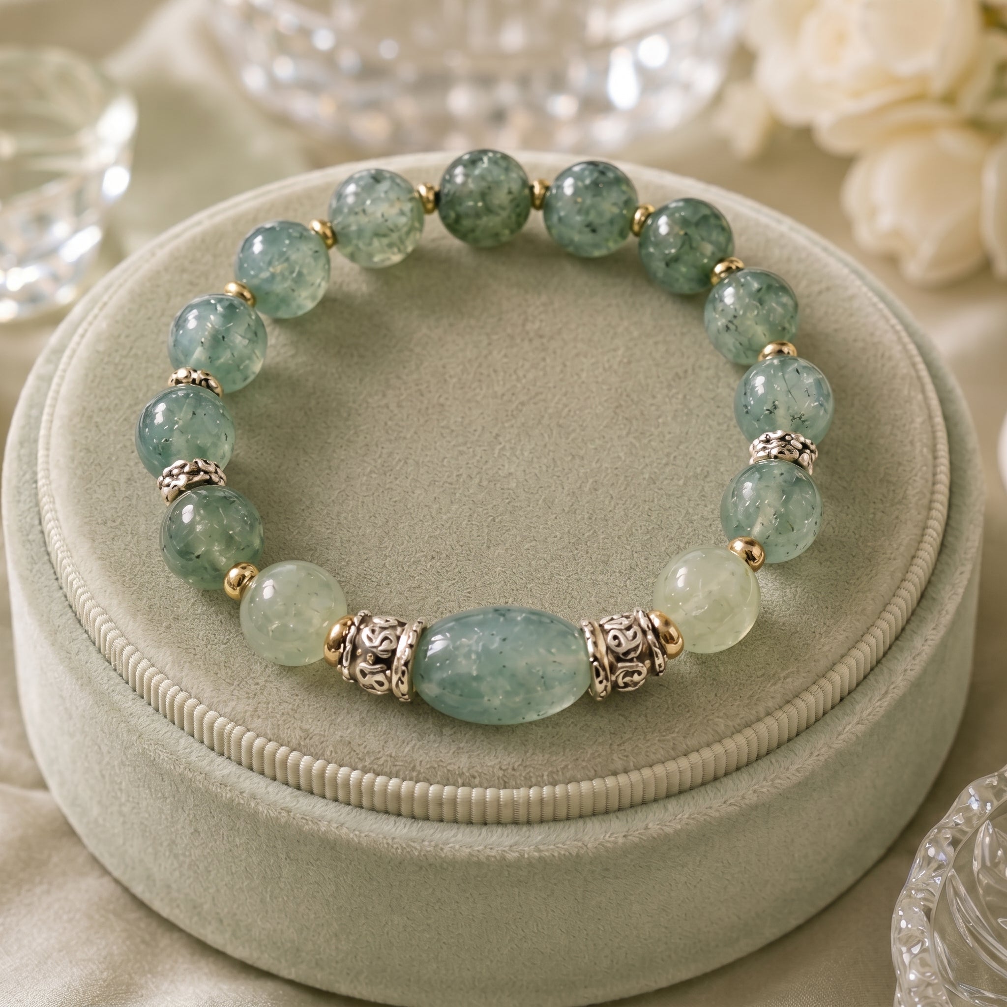 Green Rutilated Quartz Beaded Bracelet with Oval Centerpiece