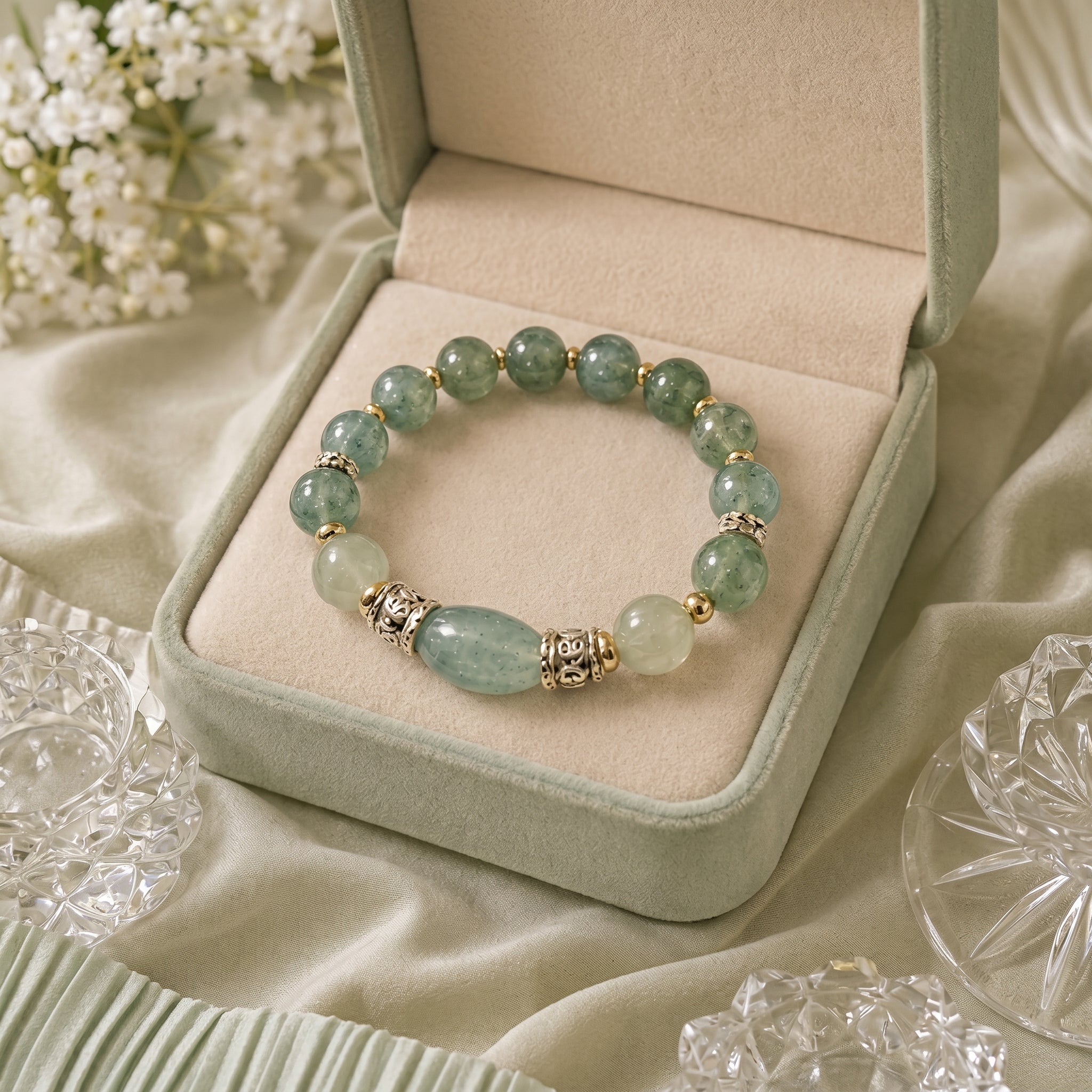 Green Rutilated Quartz Beaded Bracelet with Oval Centerpiece