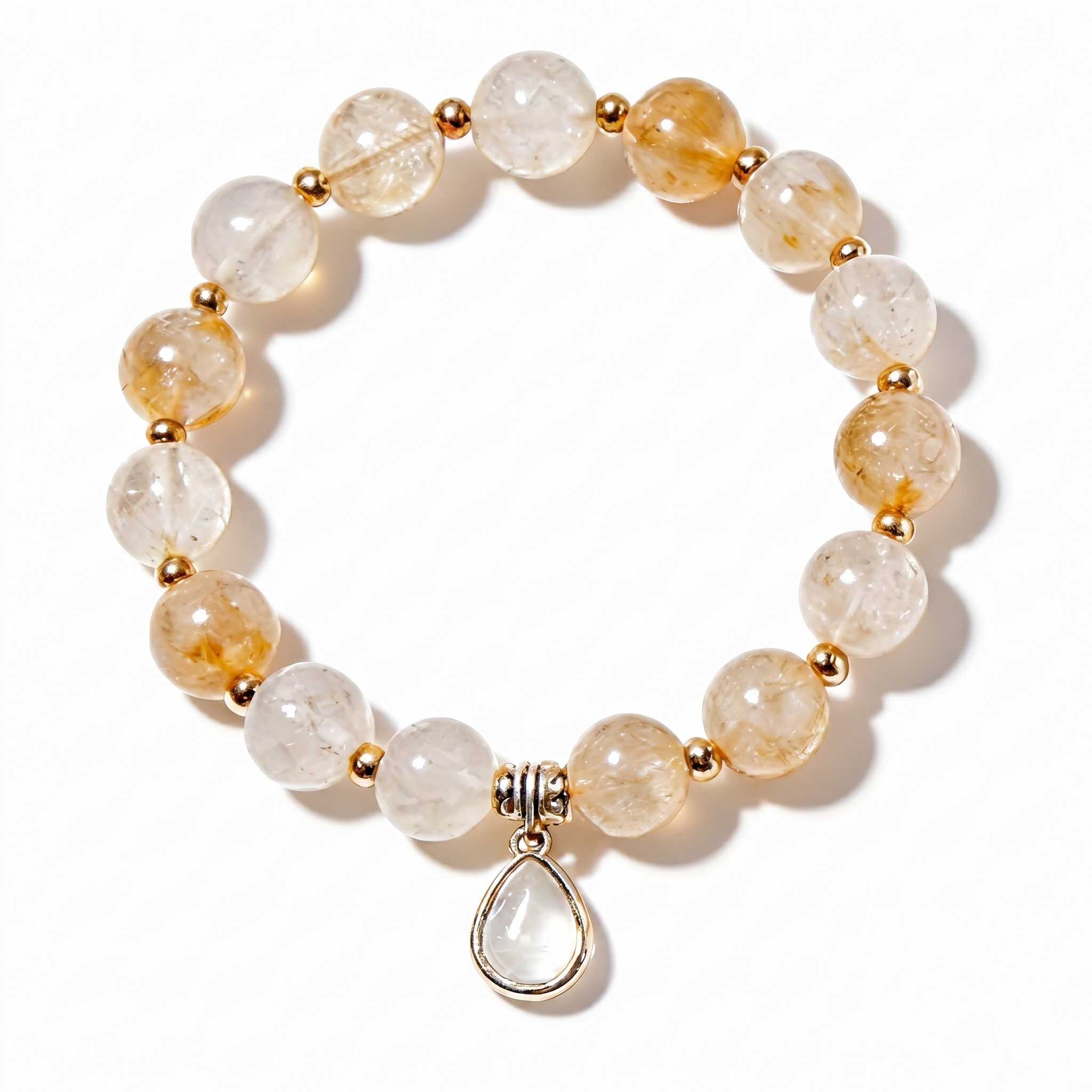 Golden Rutilated Quartz Beaded Bracelet with Teardrop Charm