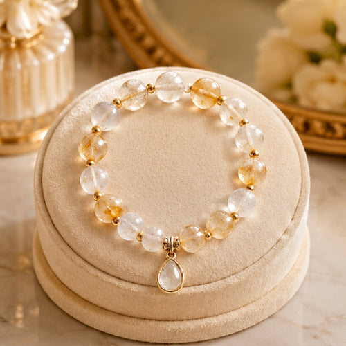 Golden Rutilated Quartz Beaded Bracelet with Teardrop Charm
