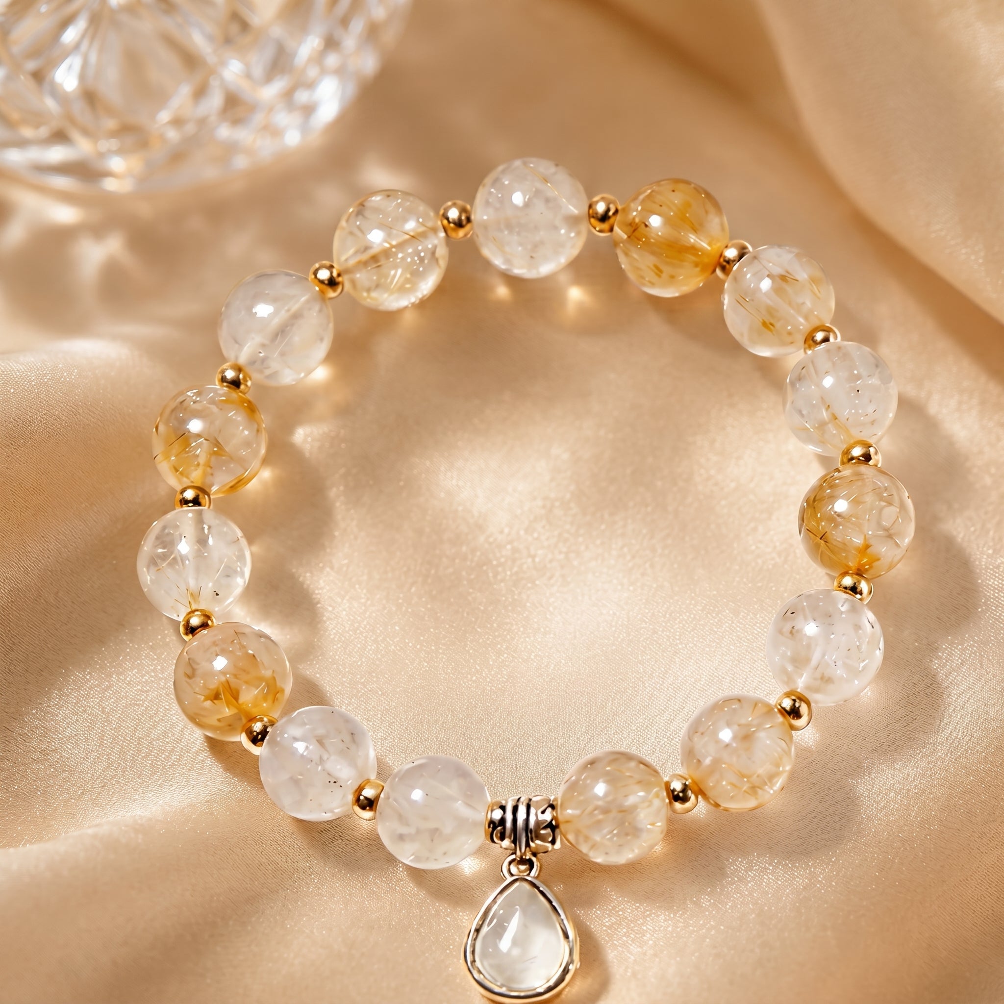 Golden Rutilated Quartz Beaded Bracelet with Teardrop Charm