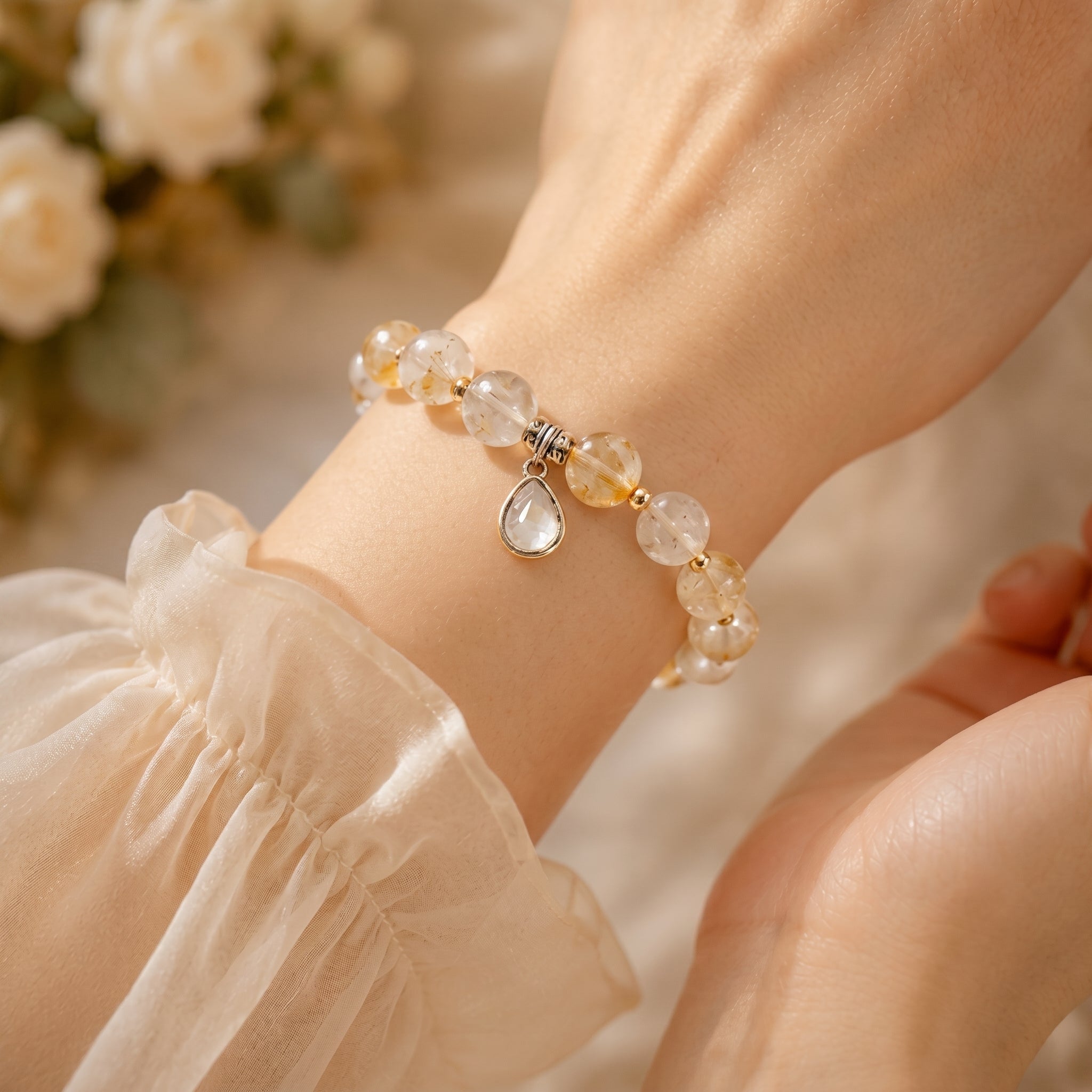 Golden Rutilated Quartz Beaded Bracelet with Teardrop Charm