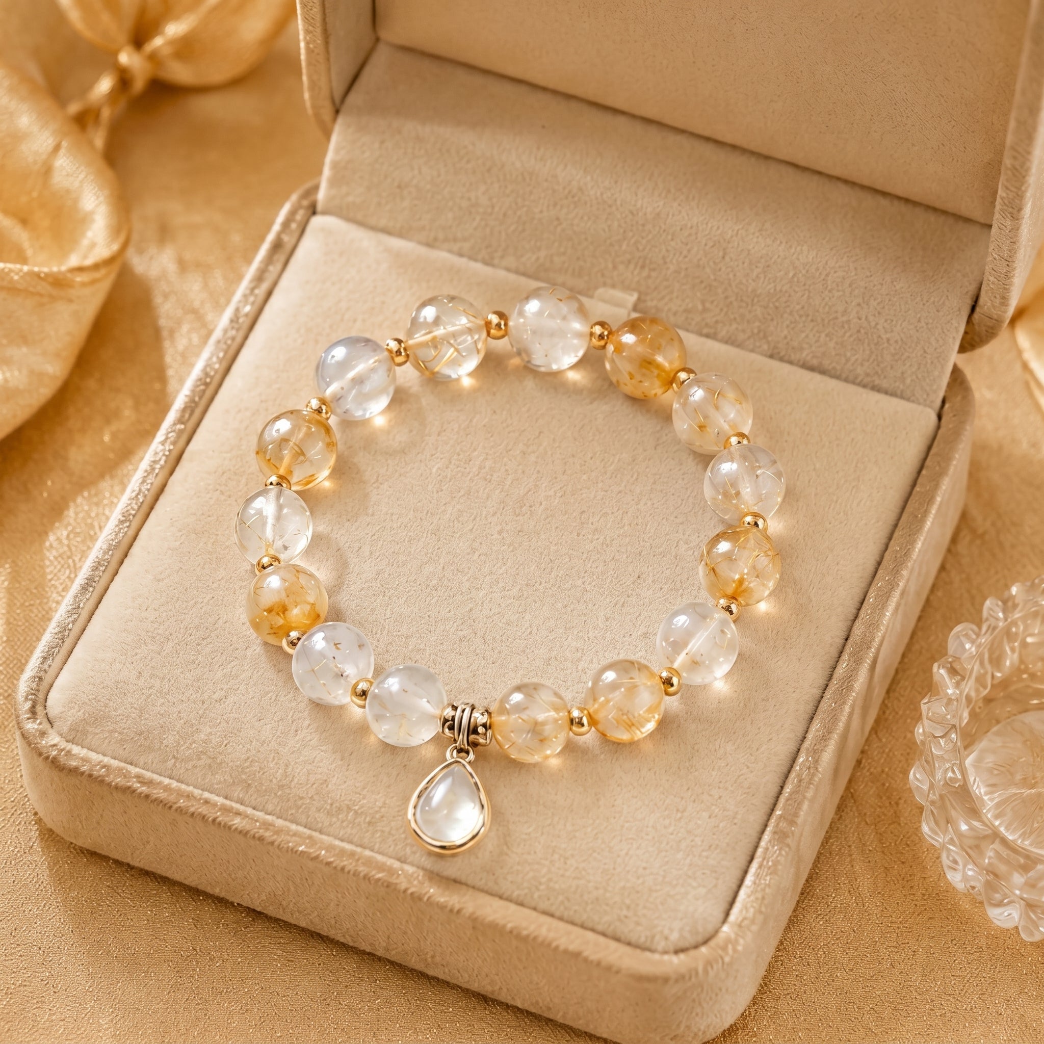 Golden Rutilated Quartz Beaded Bracelet with Teardrop Charm