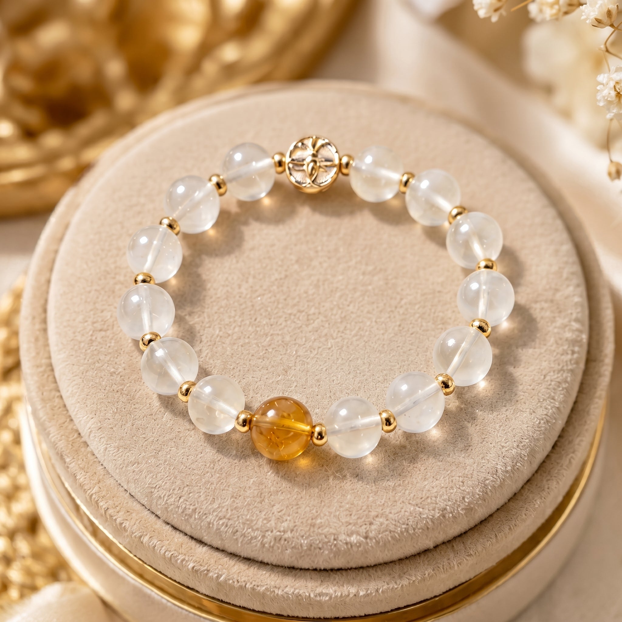 Milky Quartz Beaded Bracelet with Citrine Accent