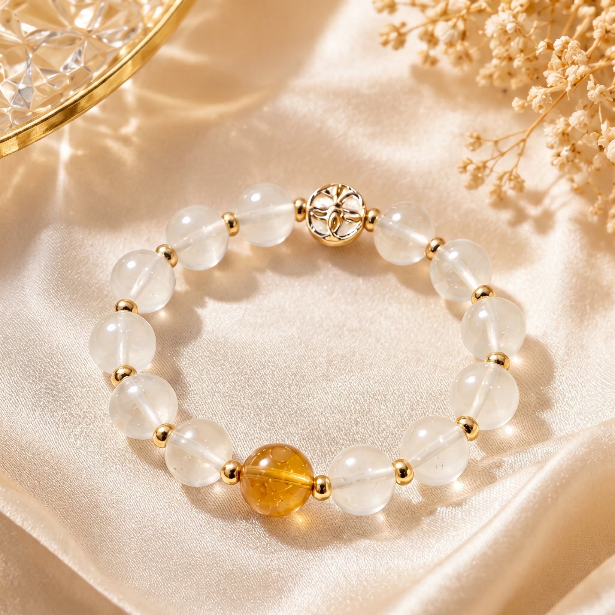 Milky Quartz Beaded Bracelet with Citrine Accent