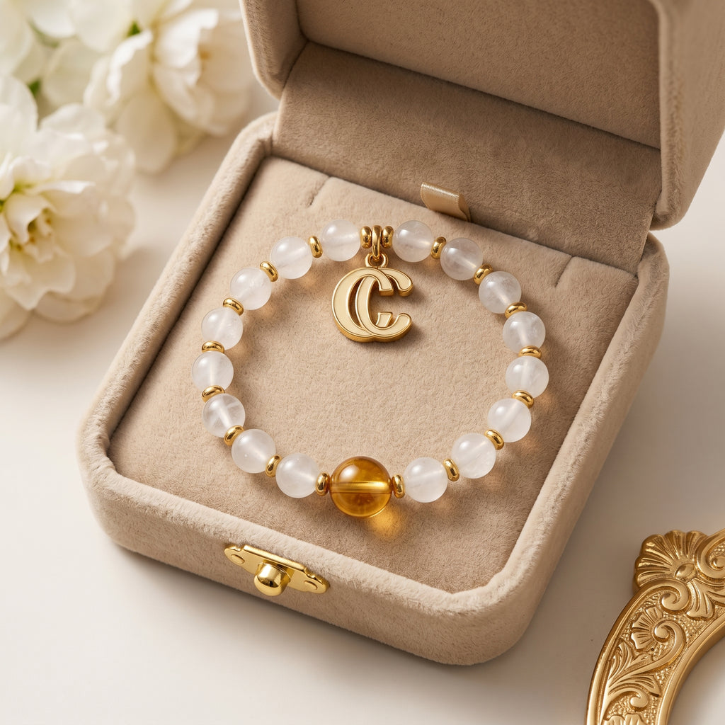 Milky Quartz Beaded Bracelet with Citrine Accent
