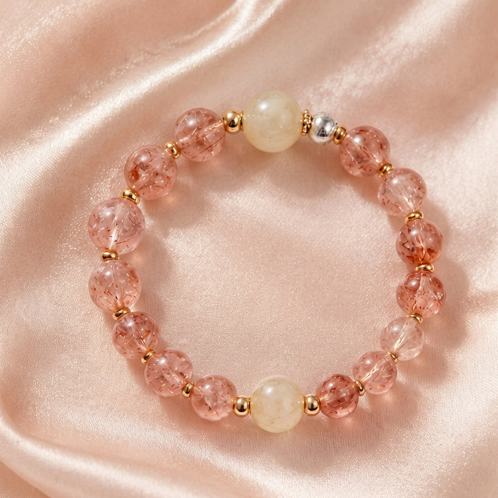 Strawberry Quartz Beaded Bracelet with Cream Accents