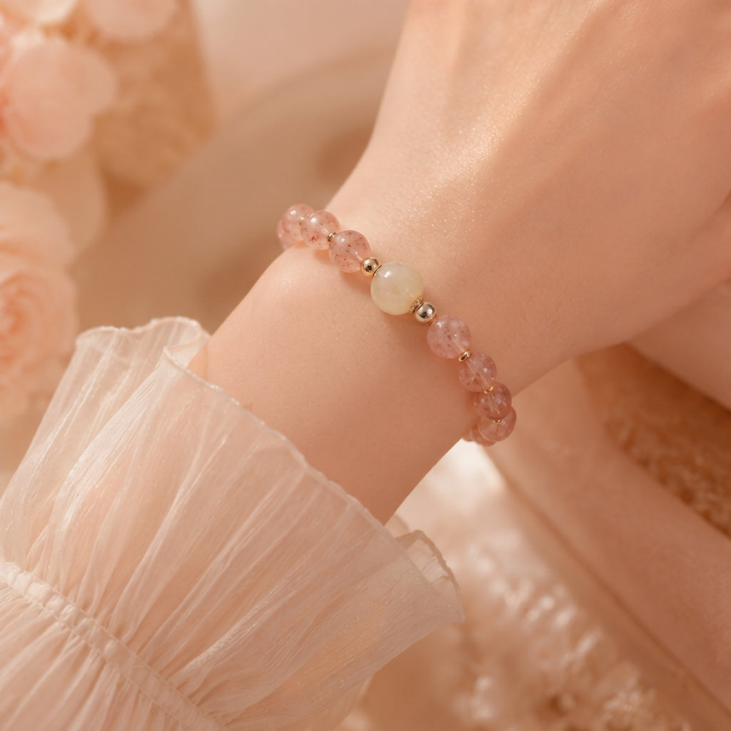 Strawberry Quartz Beaded Bracelet with Cream Accents