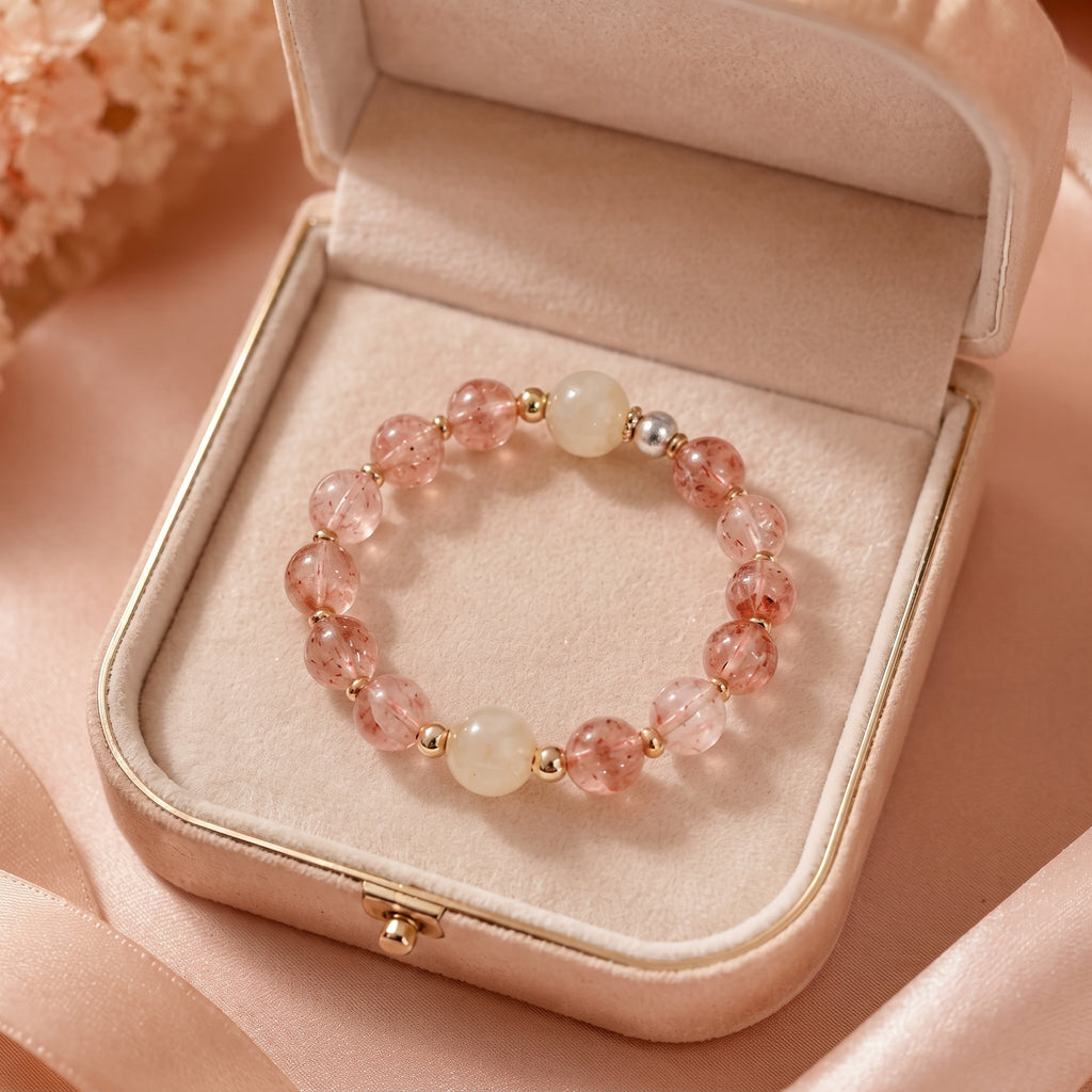 Strawberry Quartz Beaded Bracelet with Cream Accents