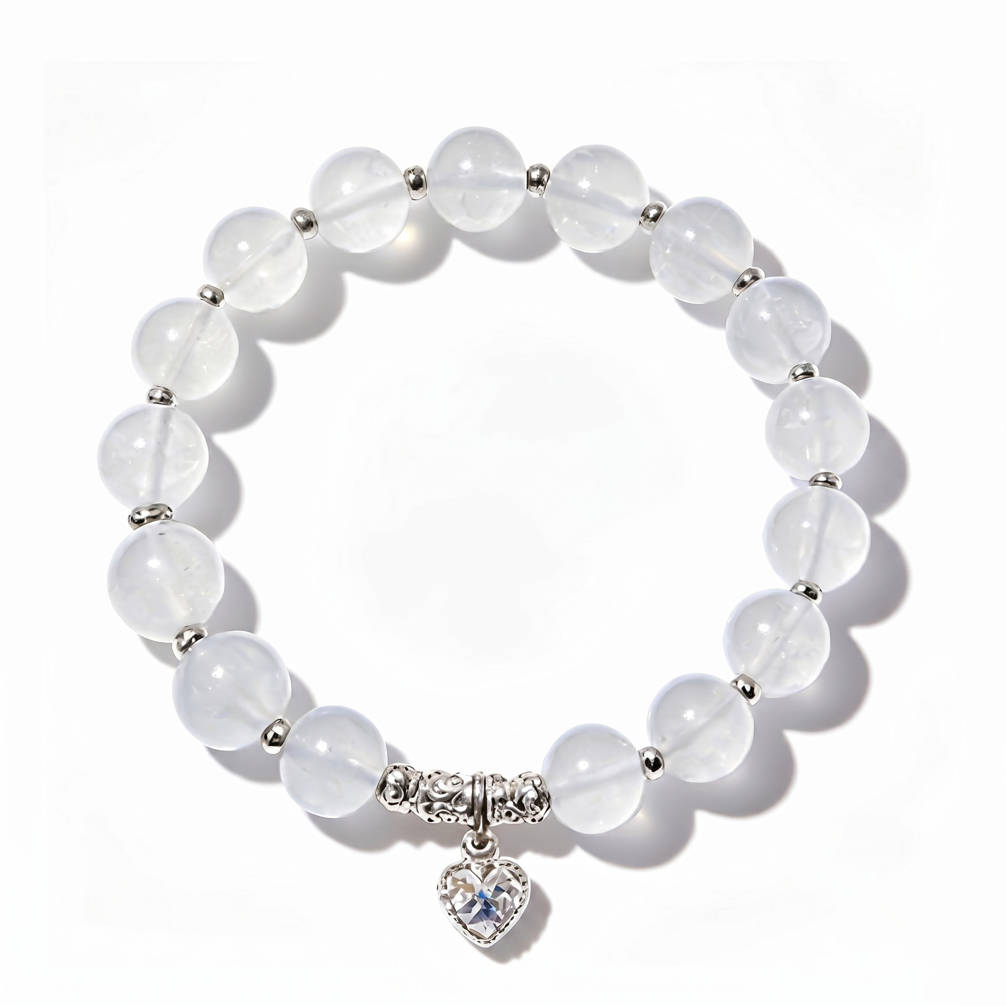 Translucent Crystal Beaded Bracelet with Silver Heart Charm
