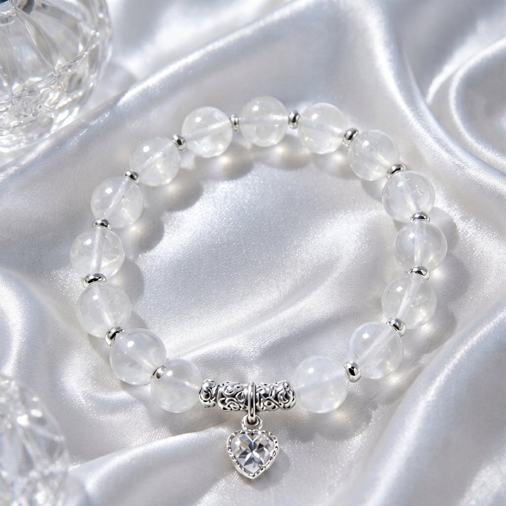 Translucent Crystal Beaded Bracelet with Silver Heart Charm