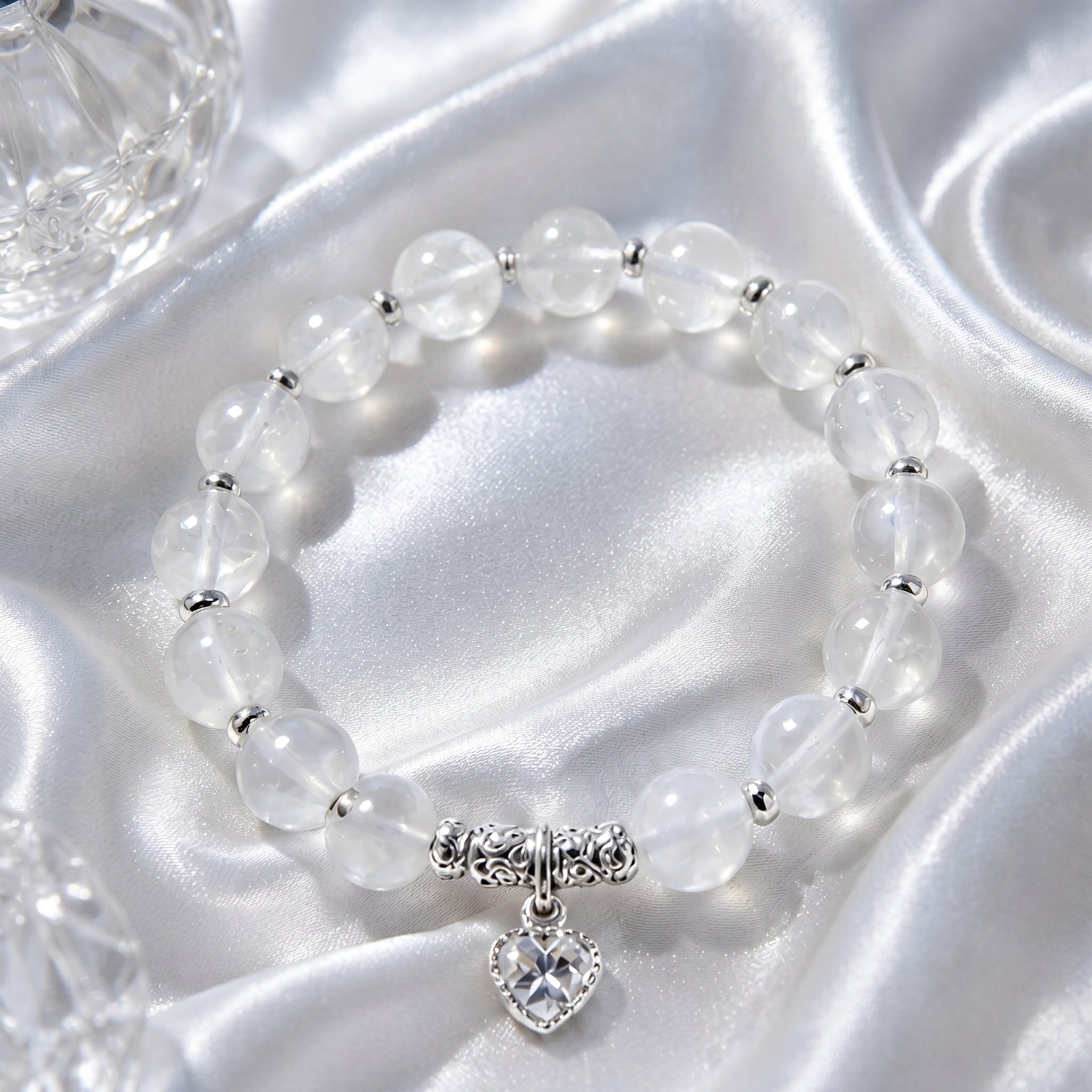 Translucent Crystal Beaded Bracelet with Silver Heart Charm