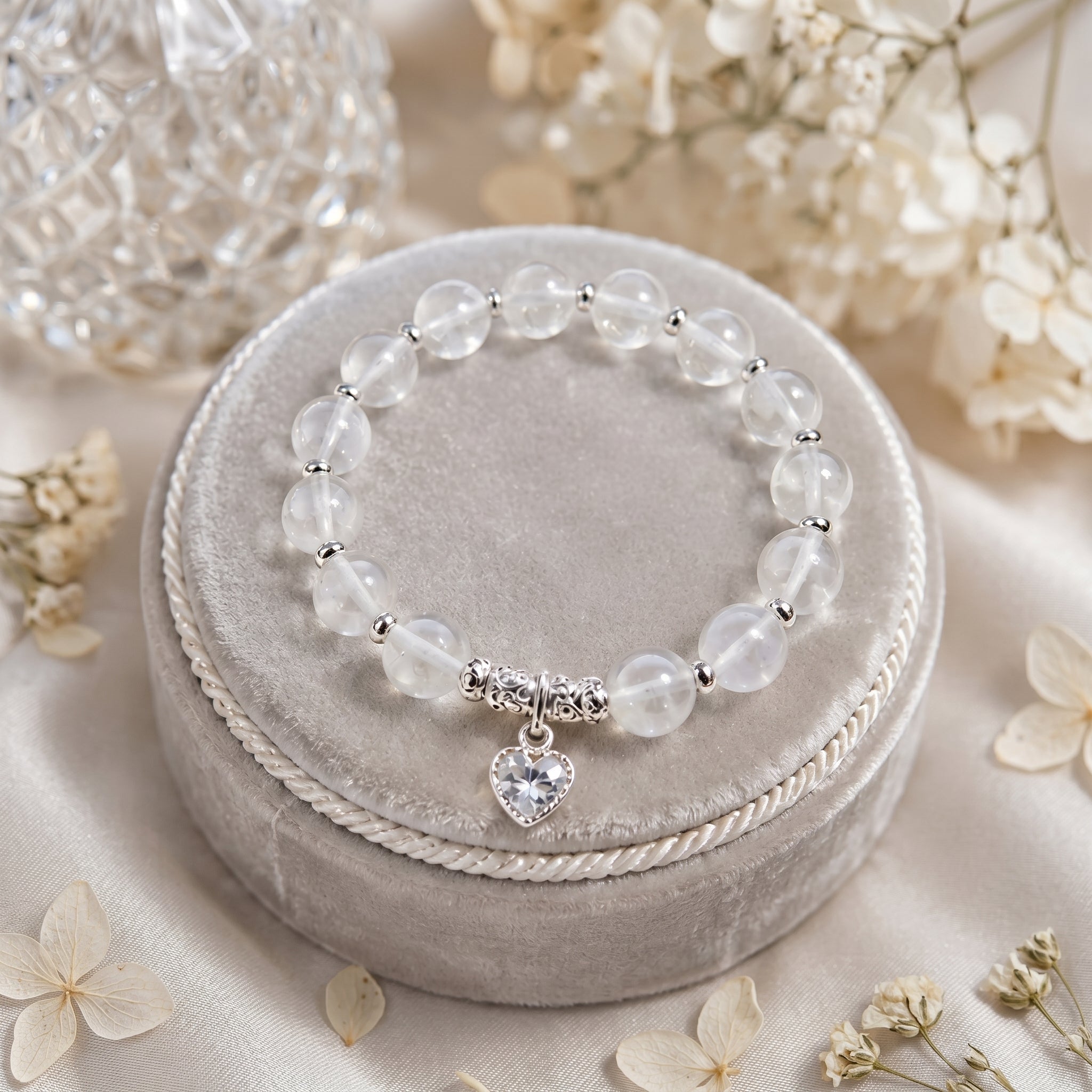 Translucent Crystal Beaded Bracelet with Silver Heart Charm