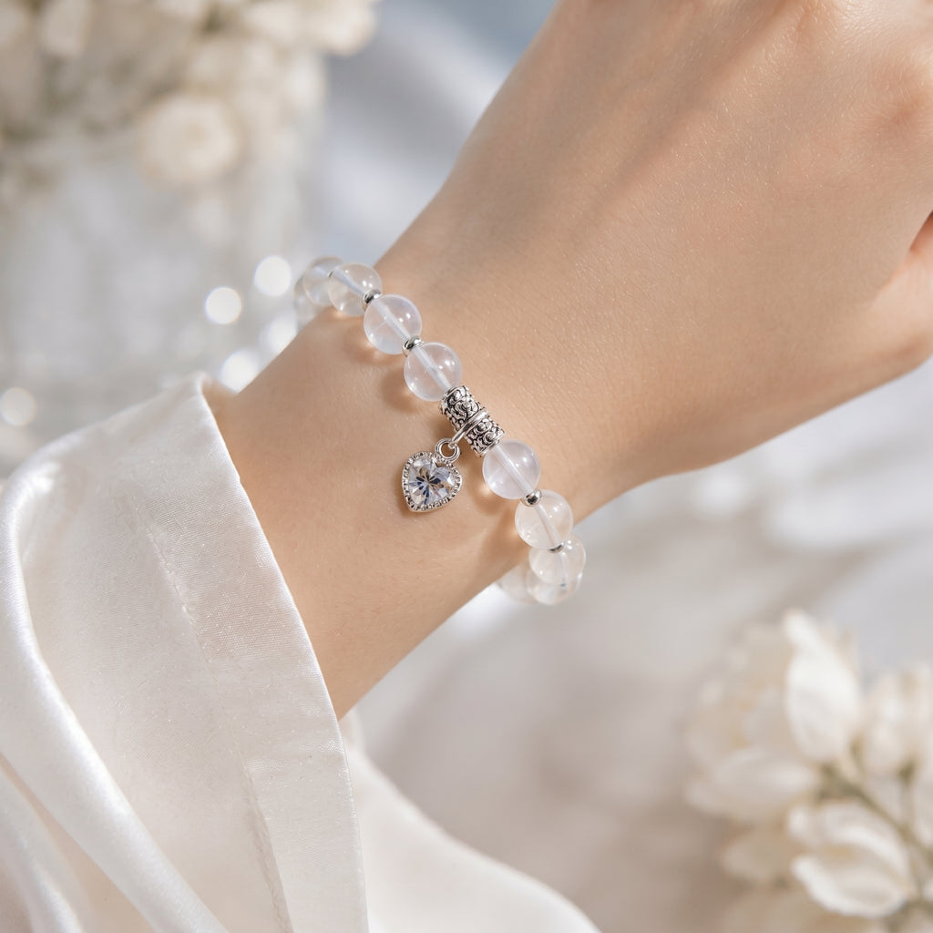 Translucent Crystal Beaded Bracelet with Silver Heart Charm