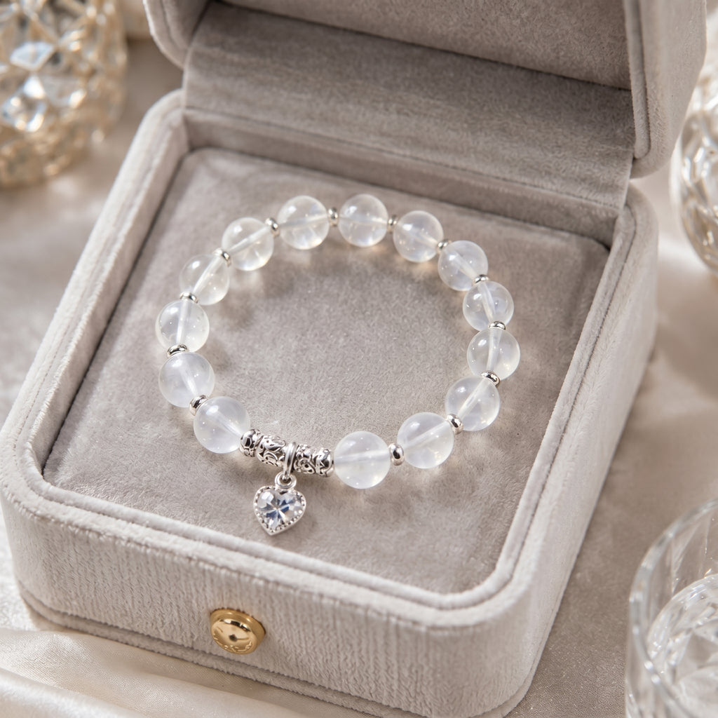 Translucent Crystal Beaded Bracelet with Silver Heart Charm