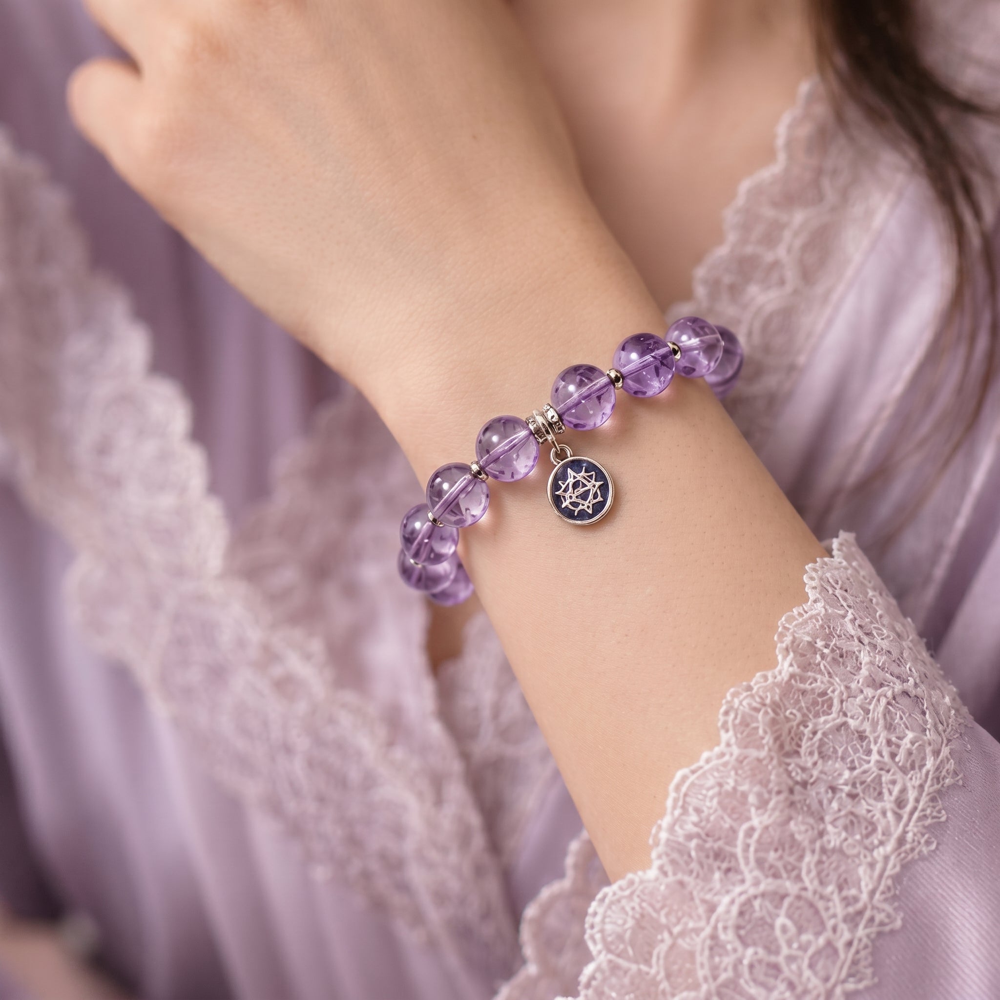 Natural Amethyst Beaded Bracelet with Celestial Charm