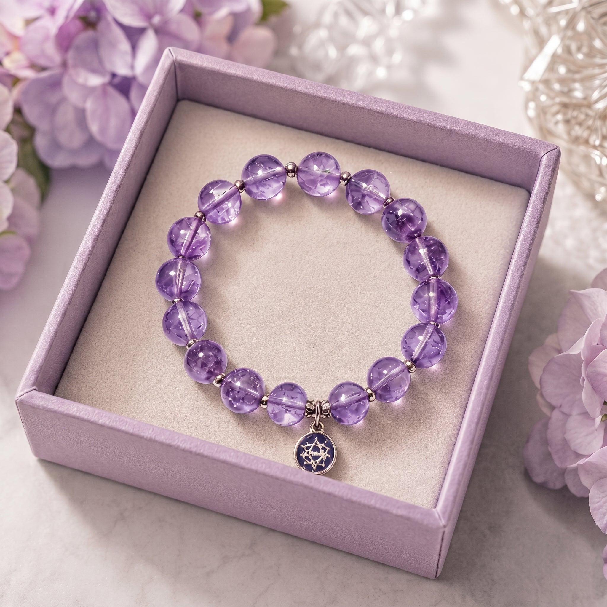 Natural Amethyst Beaded Bracelet with Celestial Charm