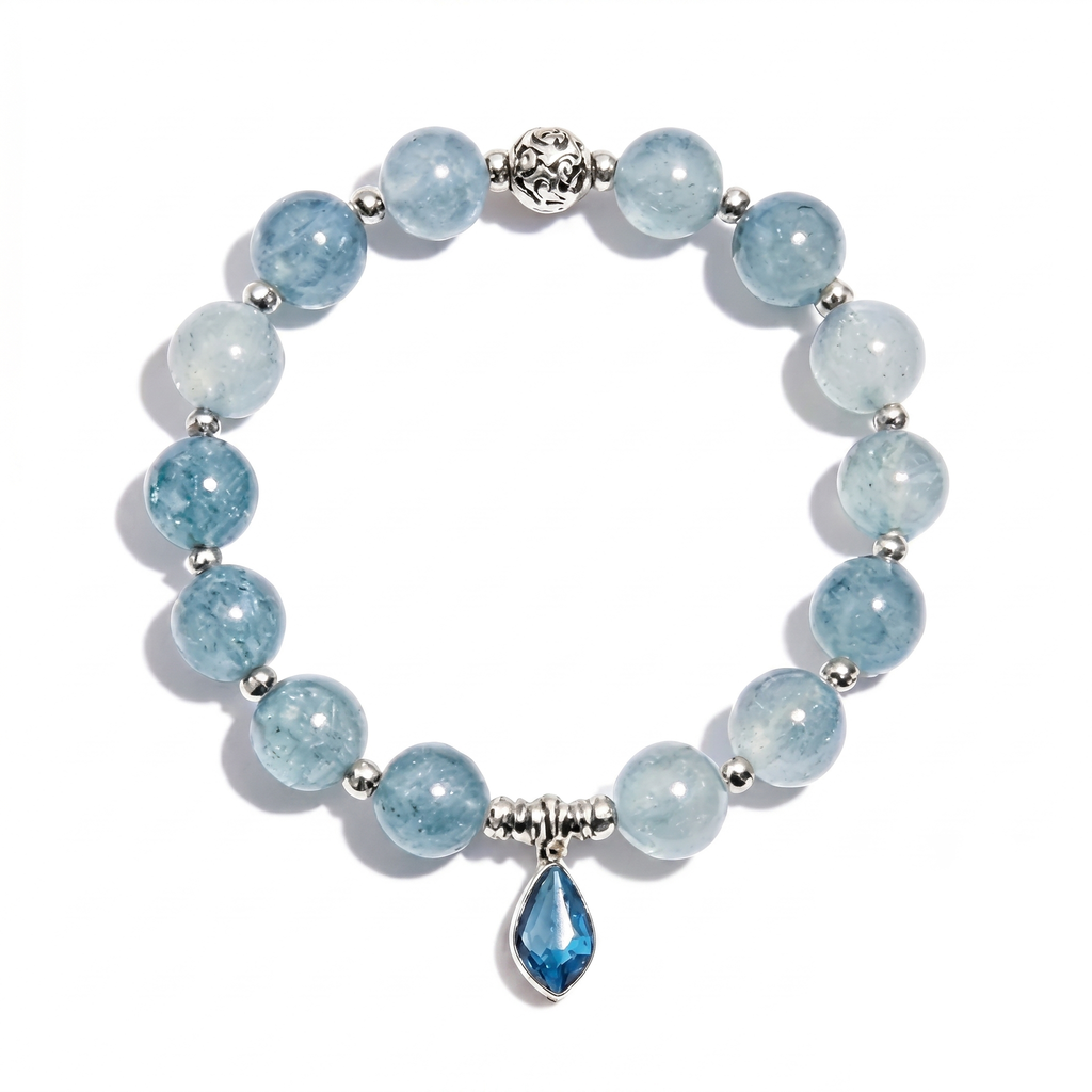 Hellblaues Aquamarin-Perlenarmband mit tiefblauem Tropfen-Anhänger