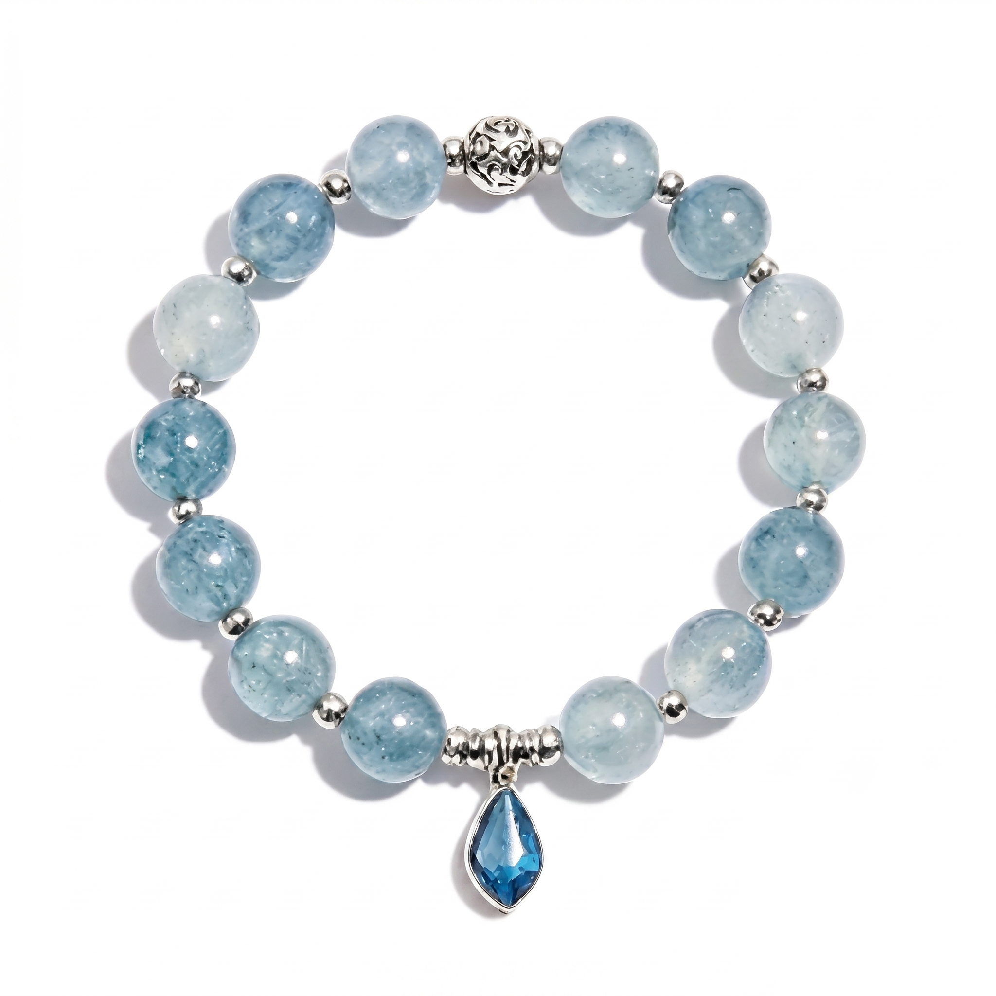 Light Blue Aquamarine Beaded Bracelet with Deep Blue Teardrop Charm