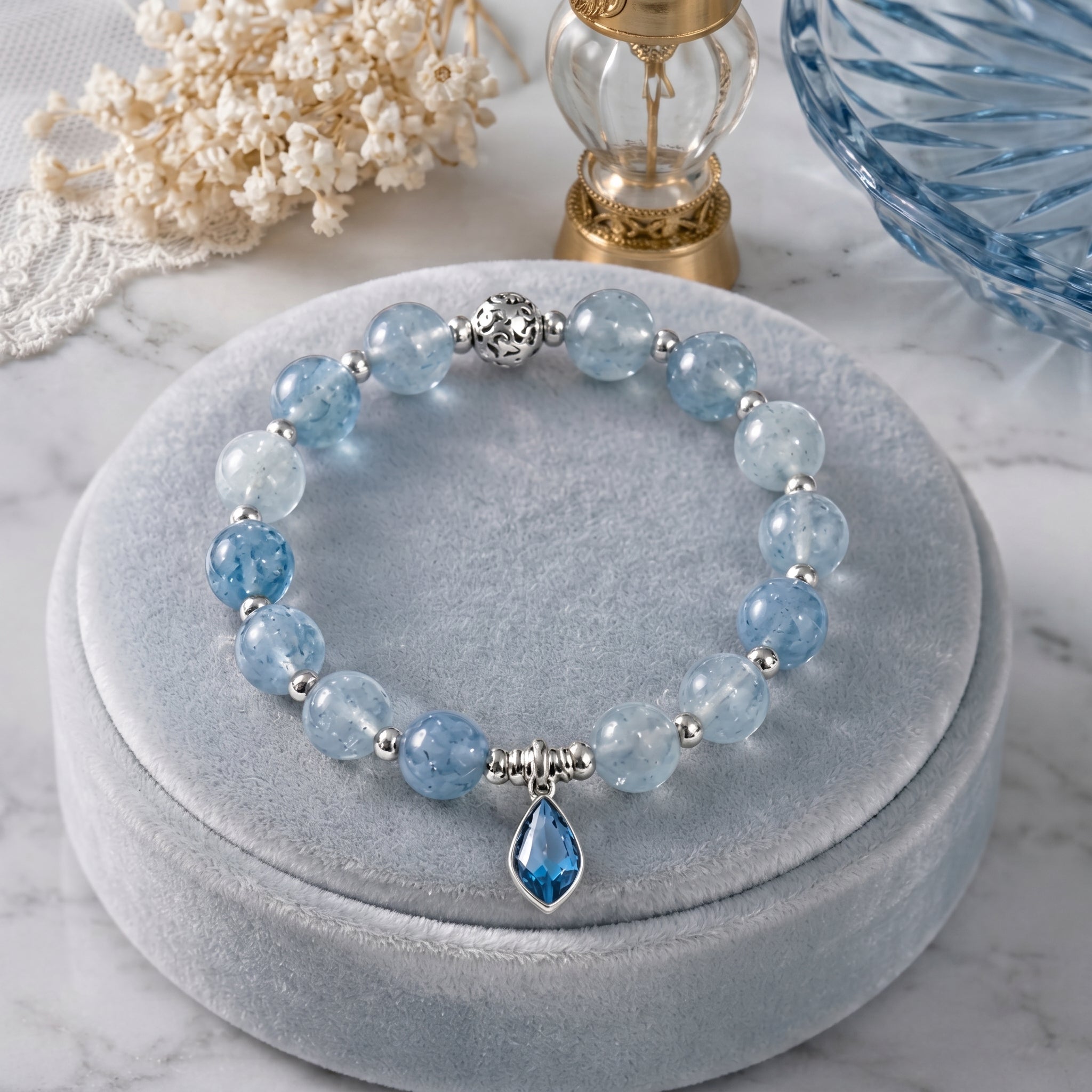 Light Blue Aquamarine Beaded Bracelet with Faceted Teardrop Charm