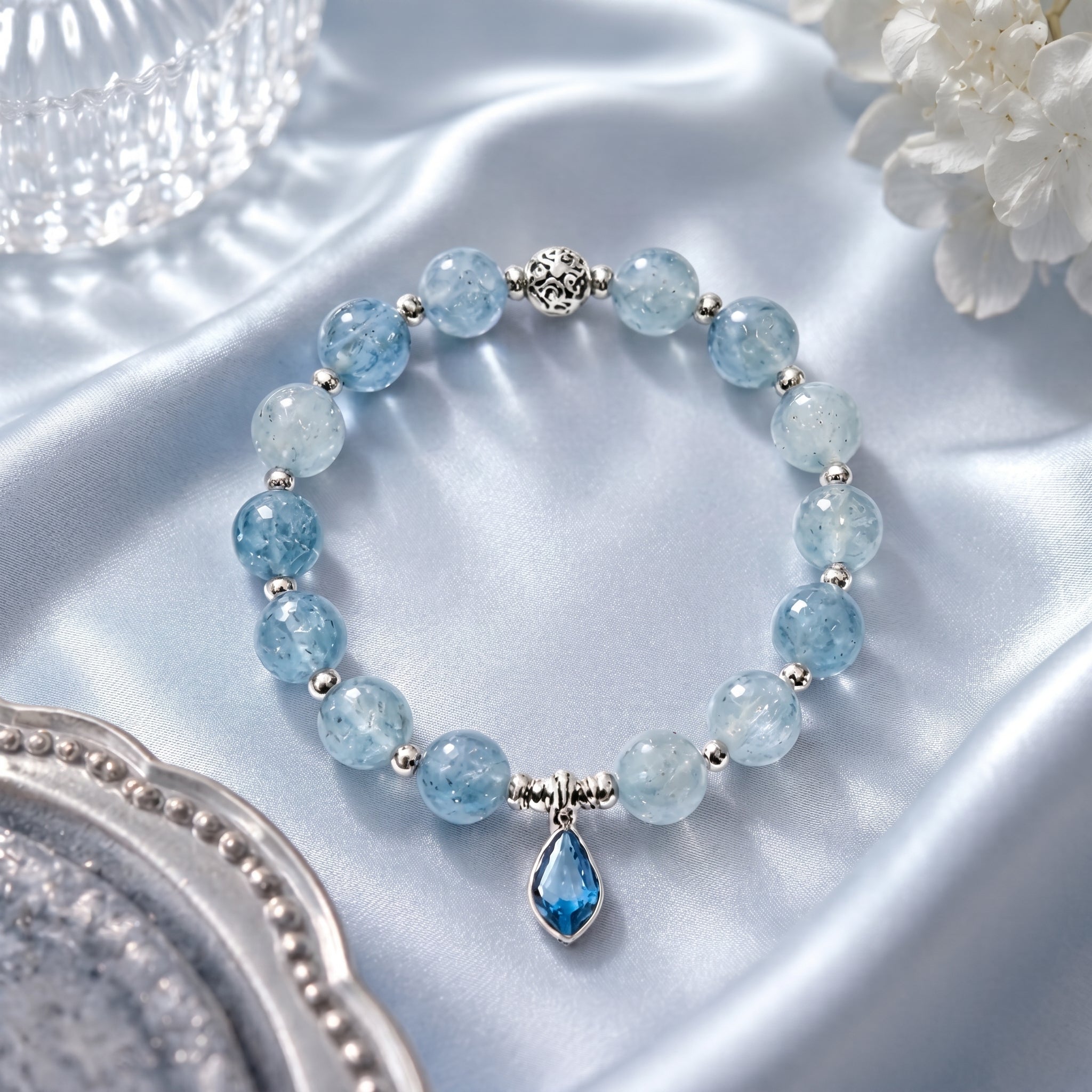 Light Blue Aquamarine Beaded Bracelet with Deep Blue Teardrop Charm