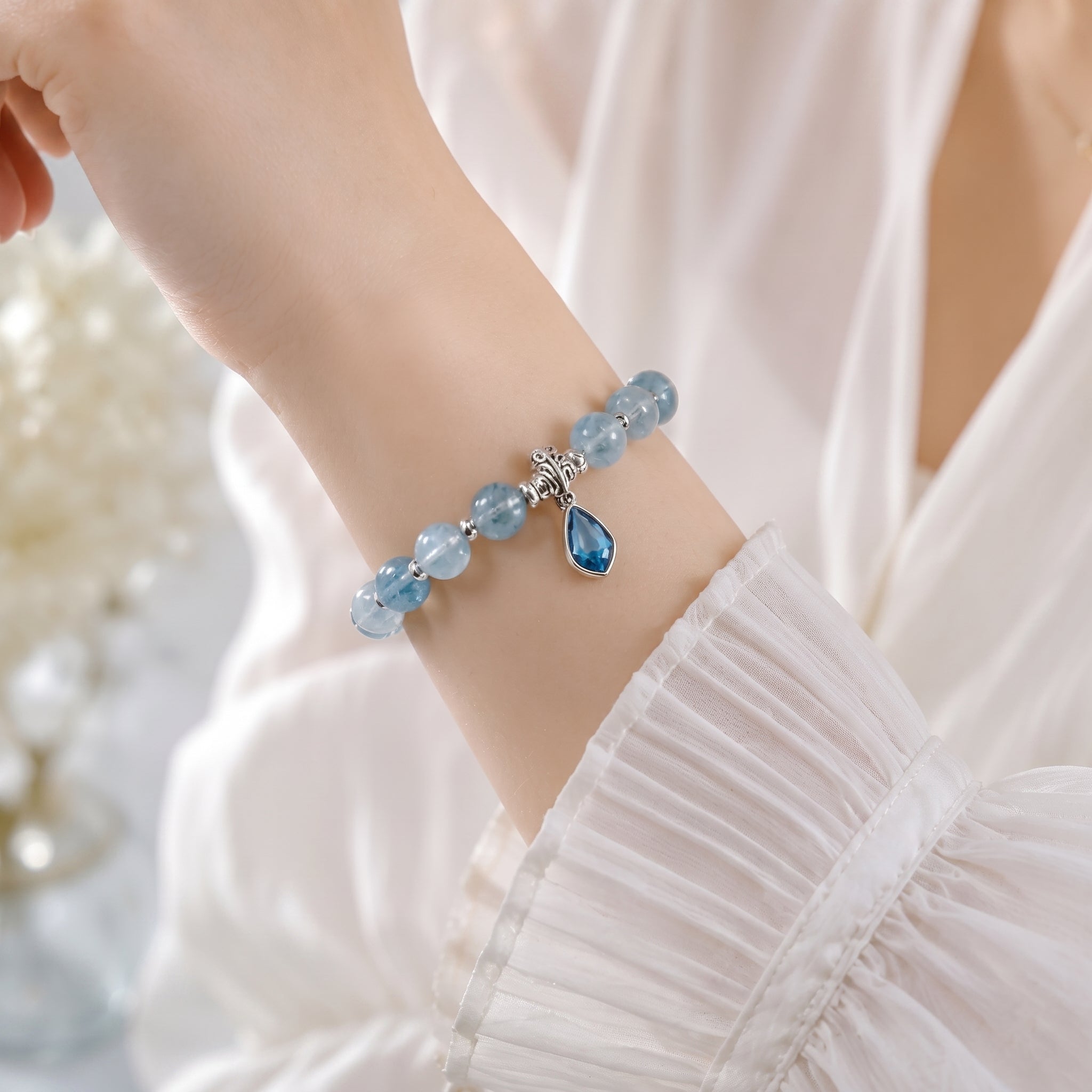 Light Blue Aquamarine Beaded Bracelet with Faceted Teardrop Charm